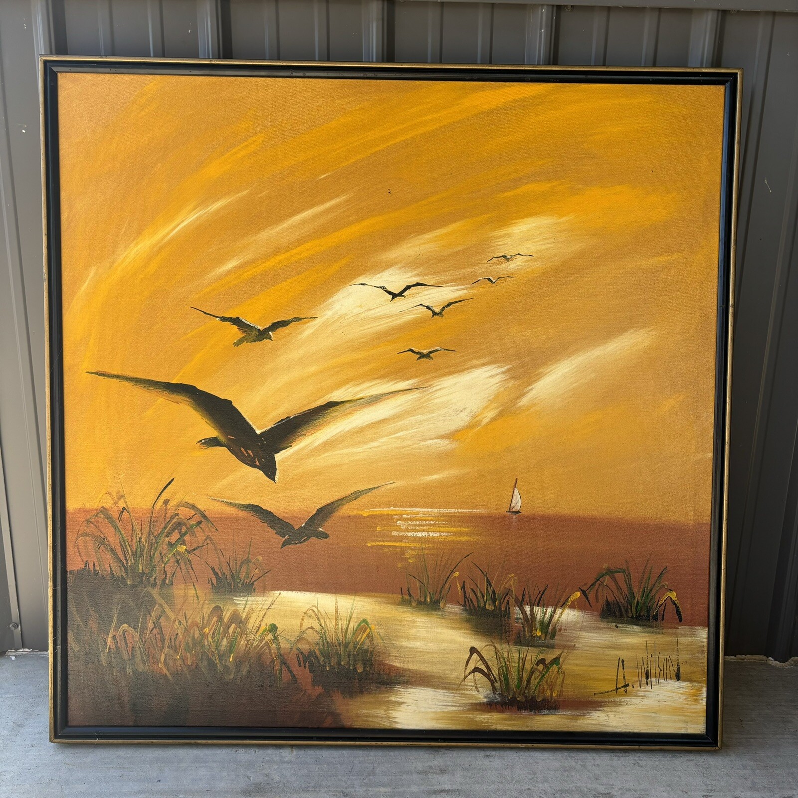 A. Wilson Seascape Birds Oil Painting on Canvas MCM Large 37×37 Statement Piece!