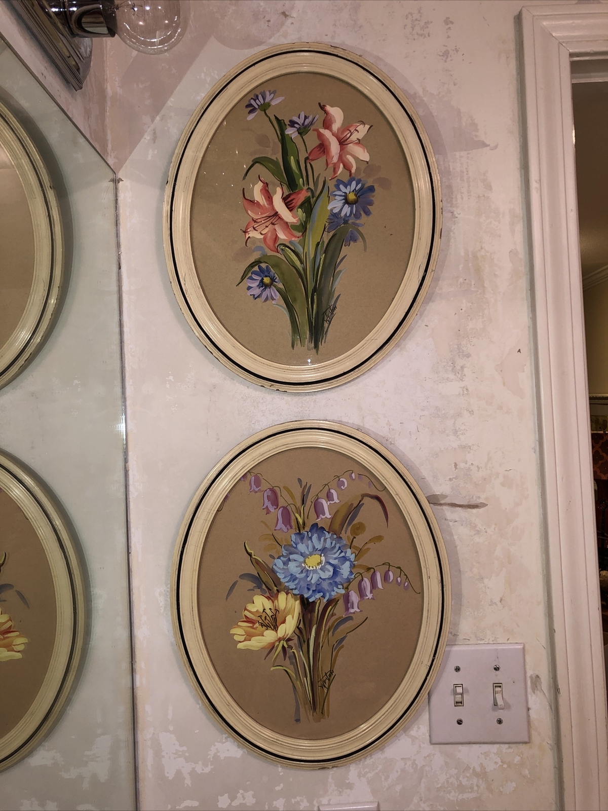 Set Of Vintage Shabby Chic Handpainted Floral Pictures Signed ‘Weston.’
