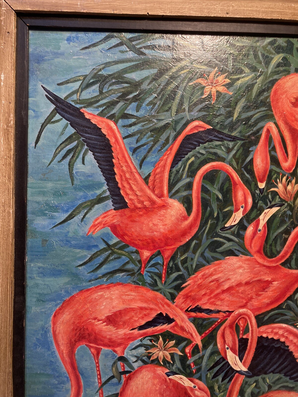 SIGNED MID CENTURY ABSTRACT MODERNISM FLORIDA FLAMINGOS ILLUSTRATION PAINTING