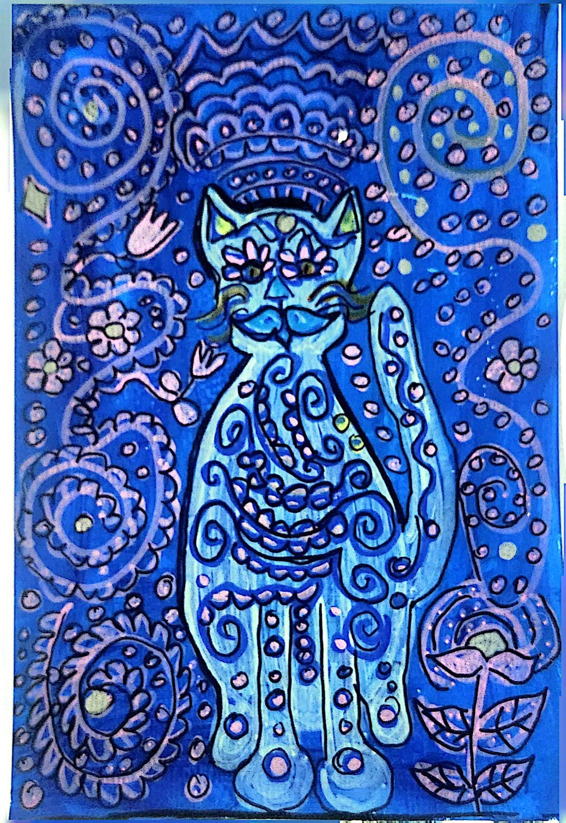 Mystical Cat Contemporary Expressionist Original Art Acrylic On Paper 9×6 Signed