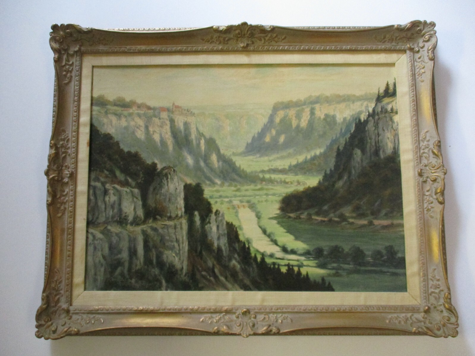 VINTAGE OIL PAINTING MOUNTAIN RANGE LANDSCAPE CASTLE VILLAGE TOWN SIGNED 1950’S