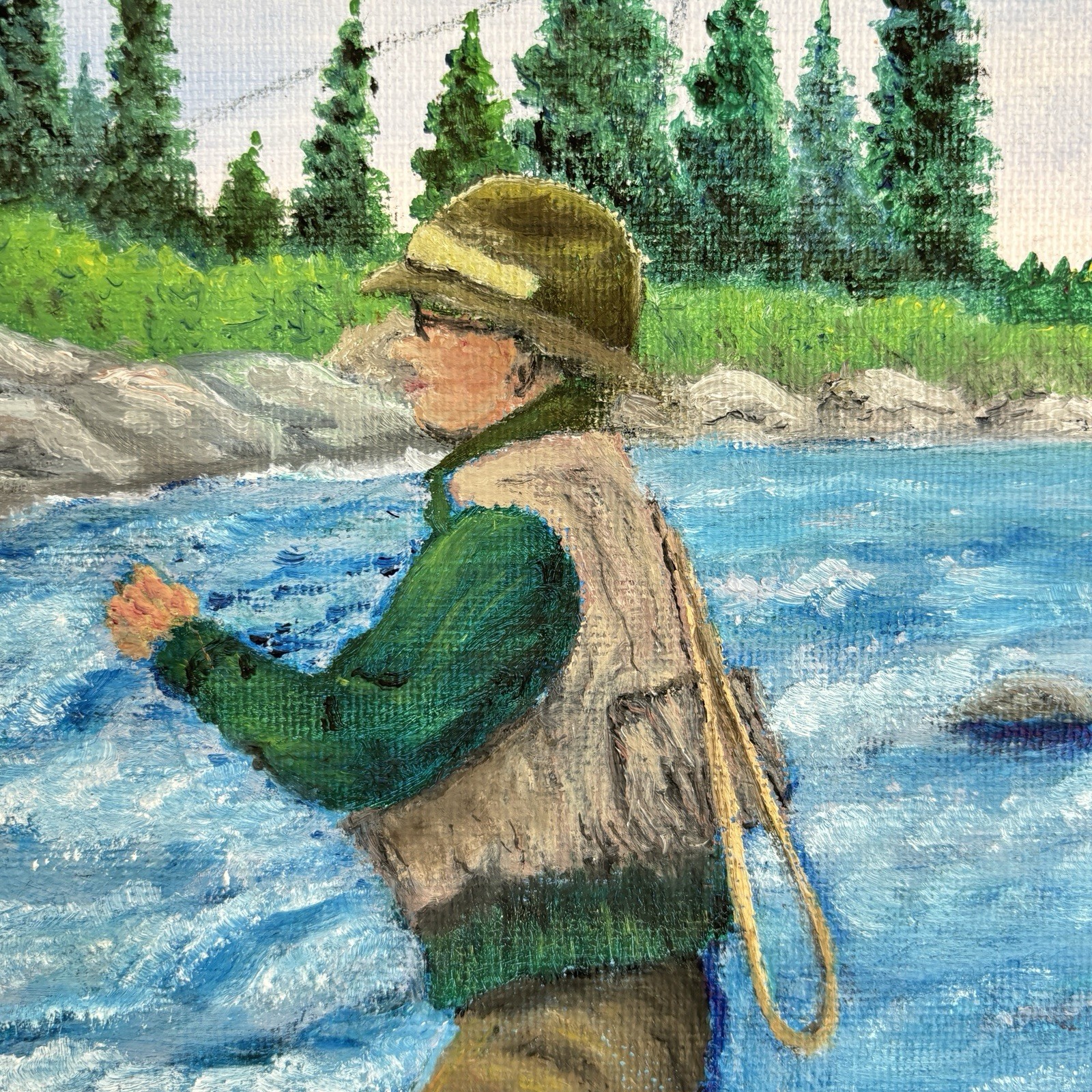 Vtg Fly Fishing Painting Maine River Scene Angler Landscape 8×10 Framed