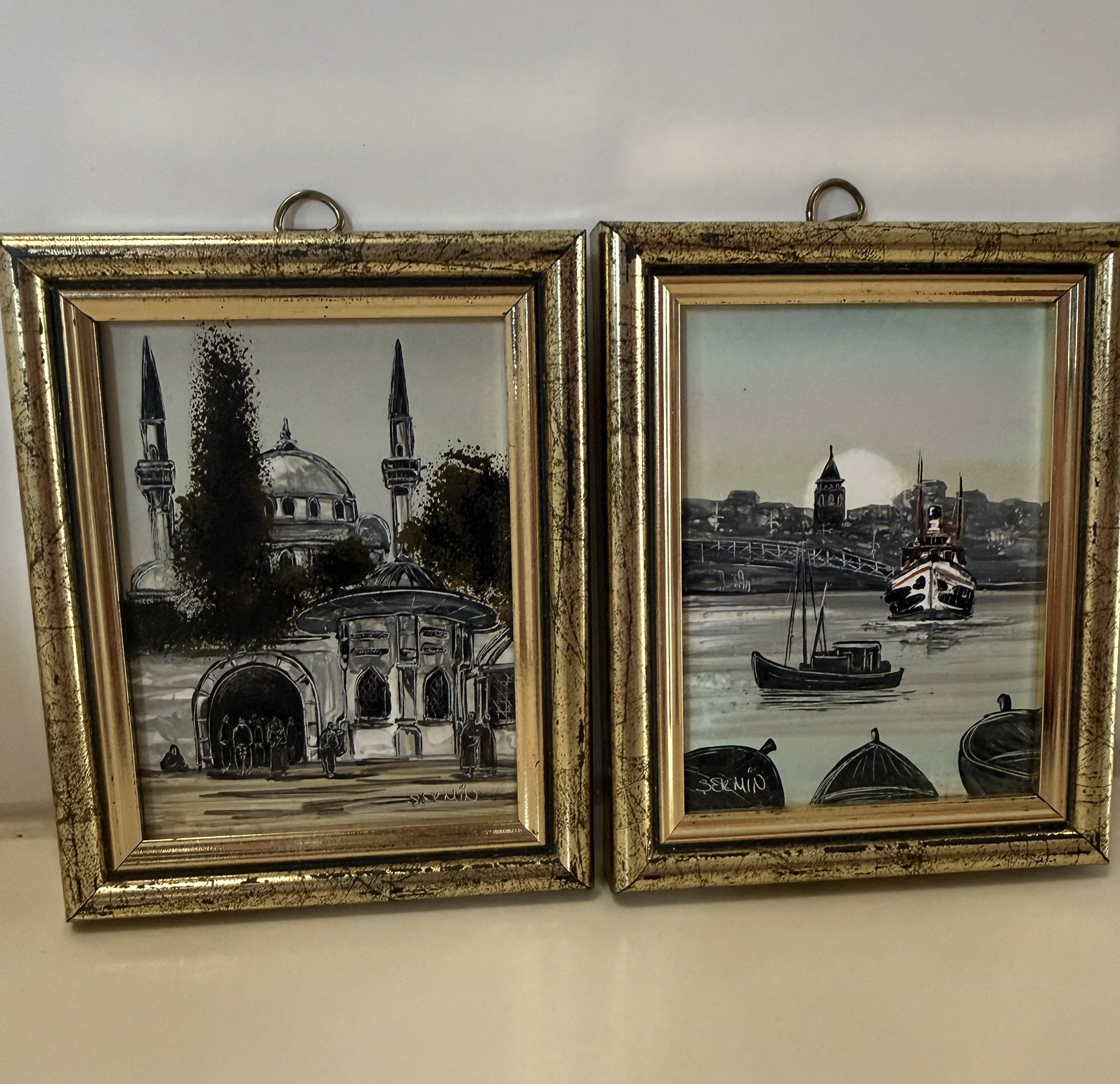 Set of 2 Miniature Istanbul framed oil paintings signed by artist Sermin Niyazi