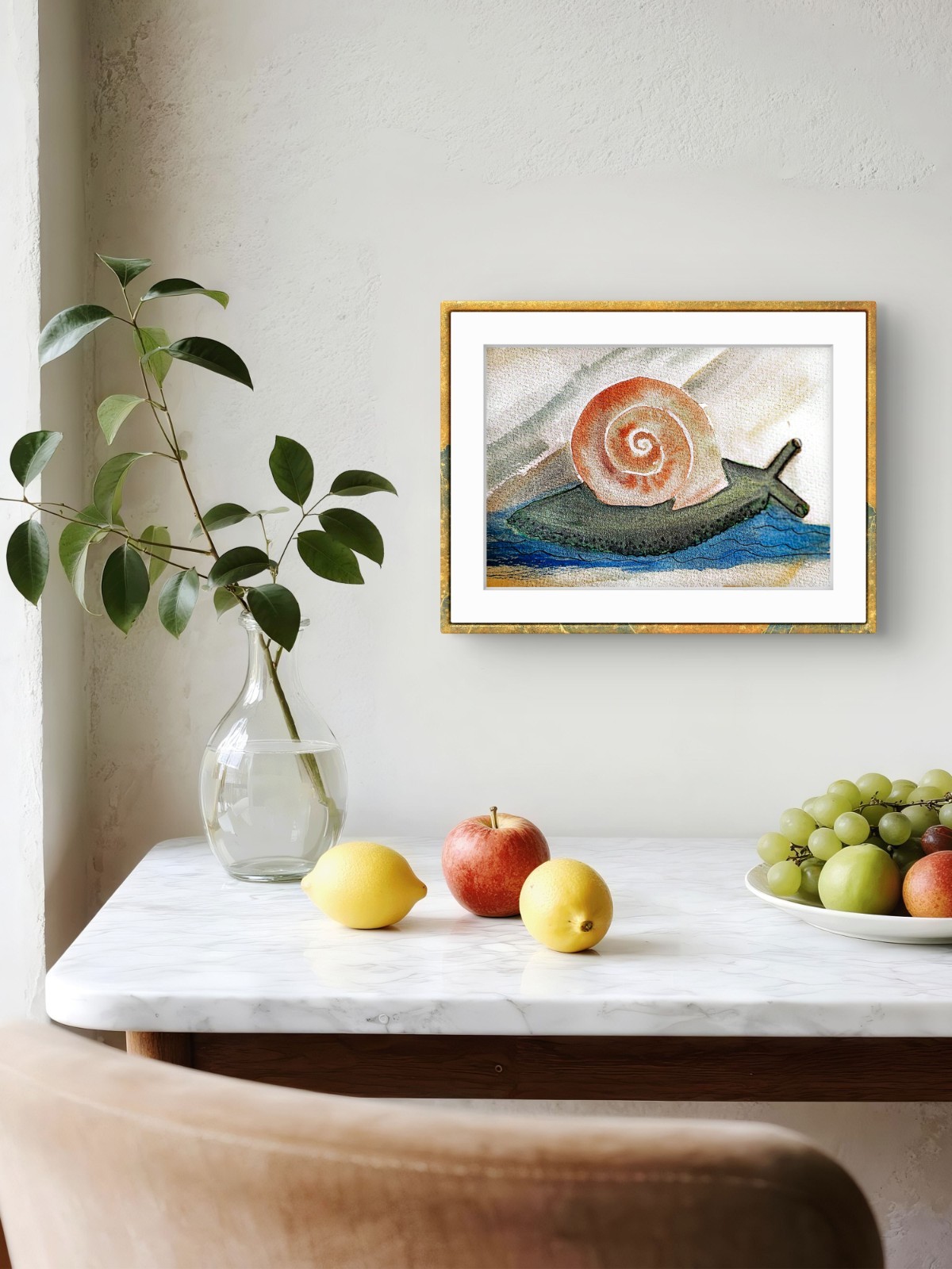 Garden Snail Whimsical Original Impressionist Watercolor 5×7 Signed
