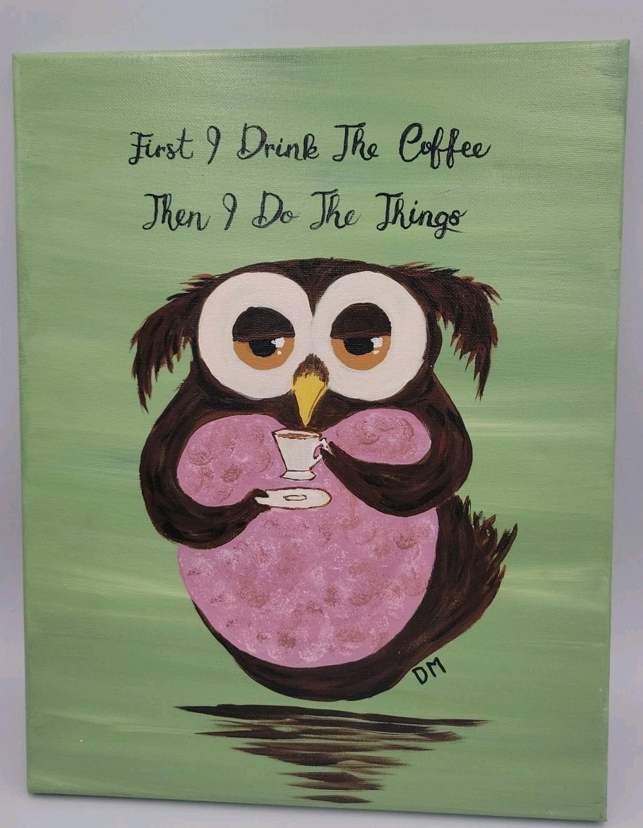 Owl and coffee painting original Funny Bird art Golden DM Artist Unframed Medium