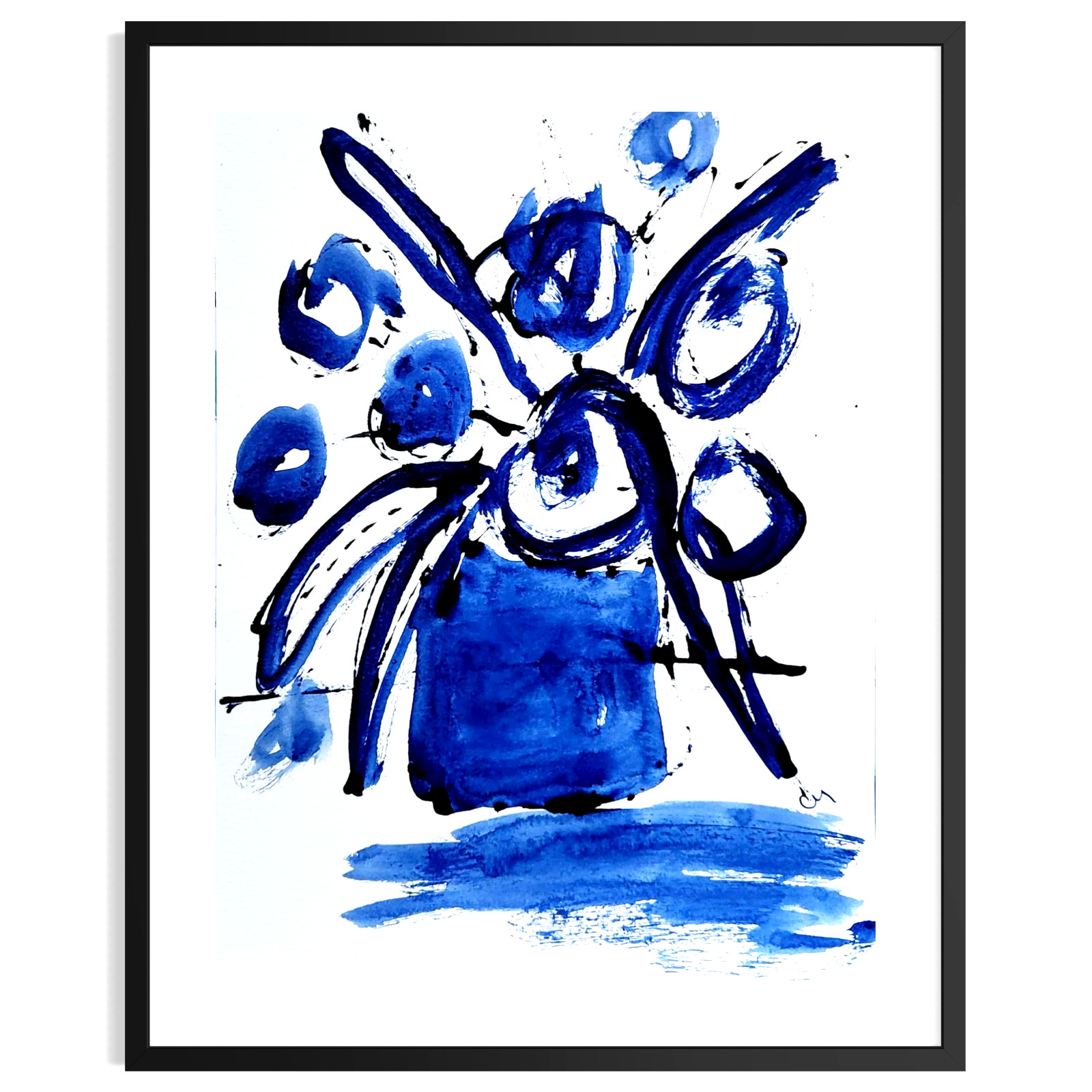 Original Minimalist 9×12 Signed Botanical Acrylic Paper Art Blue Home Decor
