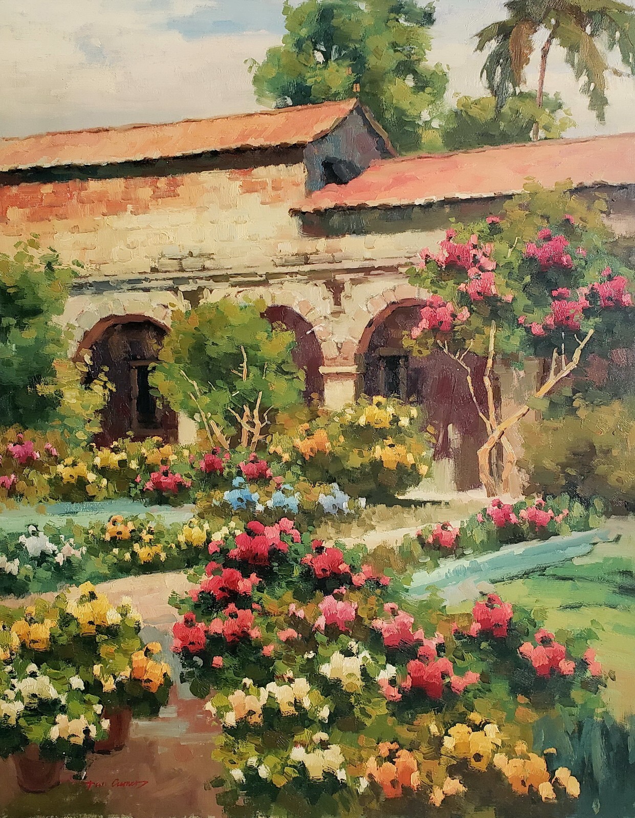 Hacienda Garden- 40×30 – 100% Hand painted Oil Painting on Canvas