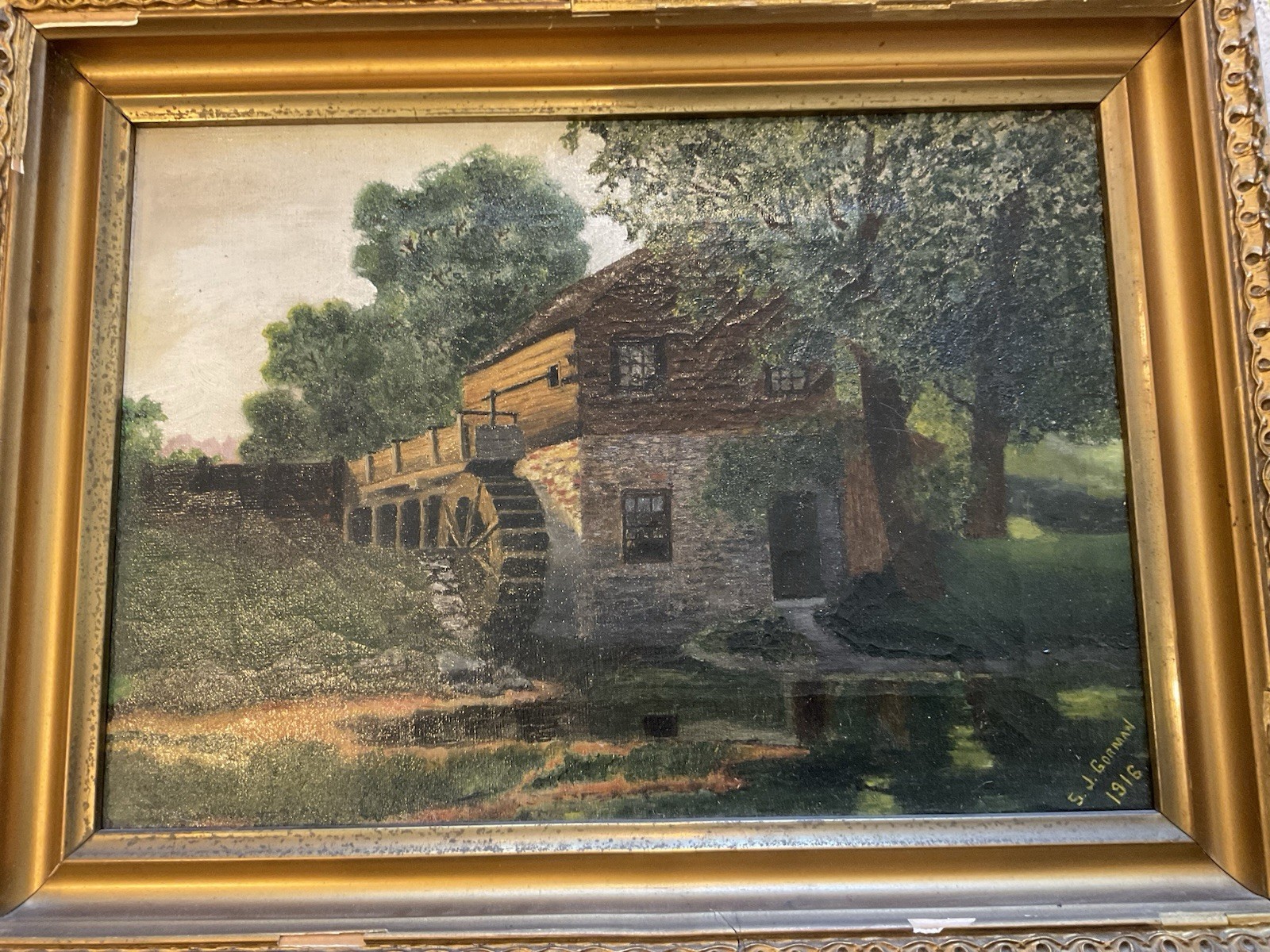 ORIGINAL 1916 SIGNED DATED OIL PAINTING WATER MILL