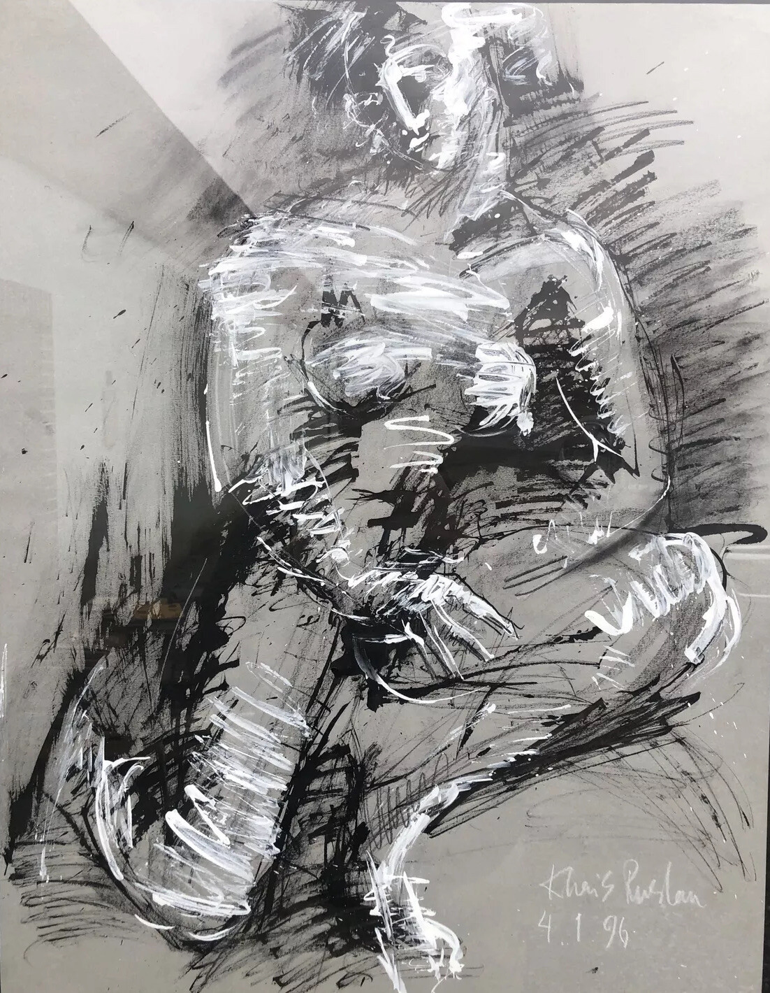 Signed Ruslan Khais 4 1 96 Gouache Of A Nude Female 29 1/2” X 14 1/4” X 1 3/4”