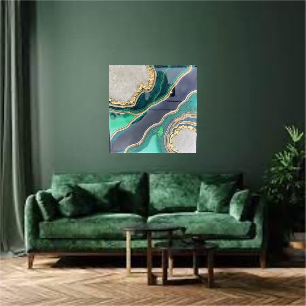 green,gold and black resin geode
