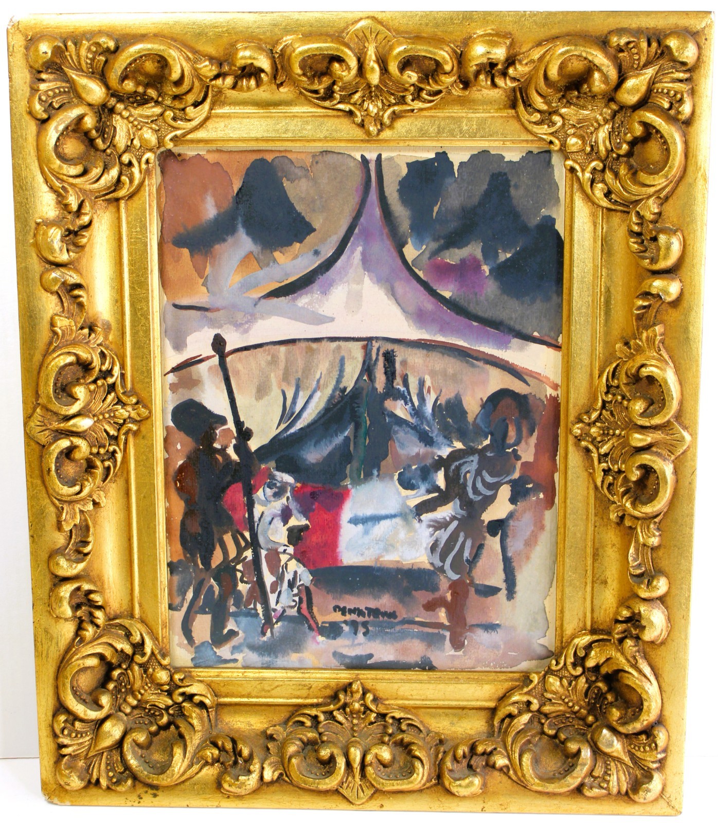 VINTAGE WATERCOLOR PAINTING SIGNED 1975 EXPRESSIONISM MOVEMENT GILT ORNATE FRAME
