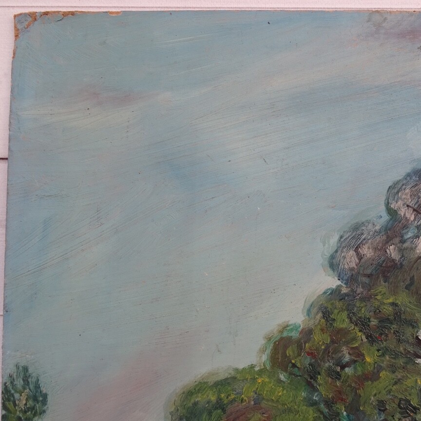 1921 Naive Folk Art Summer Landscape Oil Painting Signed R.C.Ingraham O/B 13×12