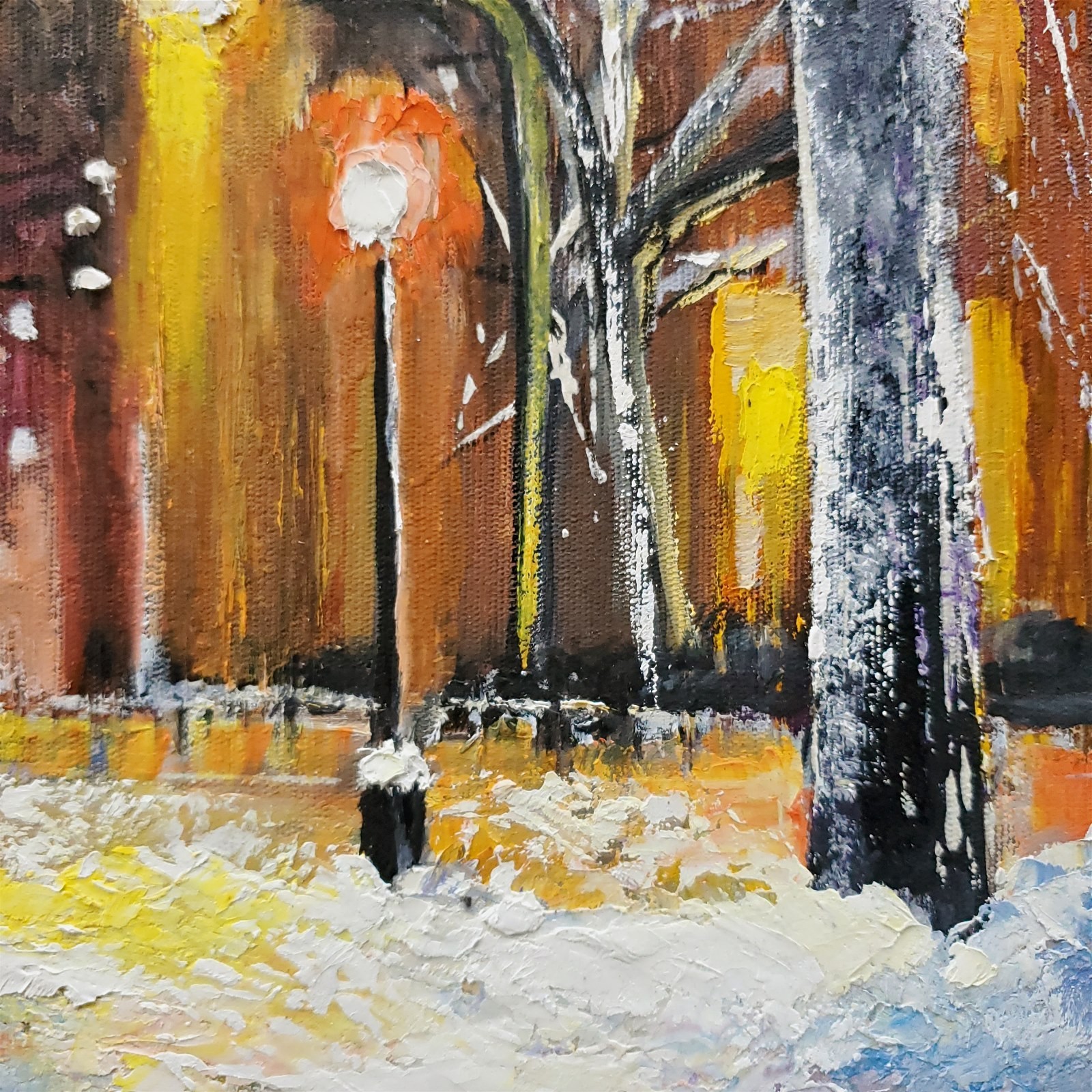 YARY DLUHOS New York City Street NYC Winter Snow Lights Original Oil Painting