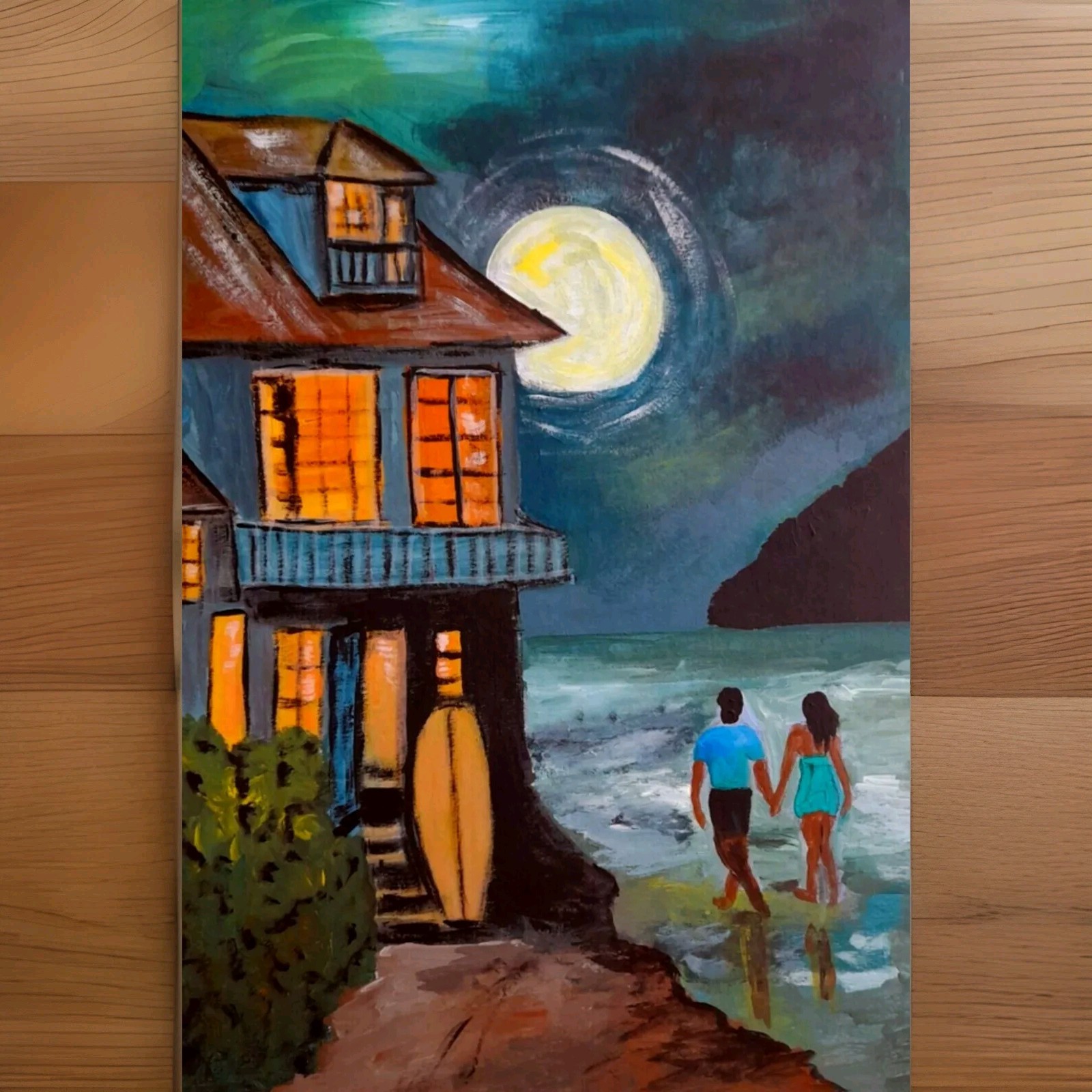 Original Painting Couple Moon California Seascape Art Surfing People Signed