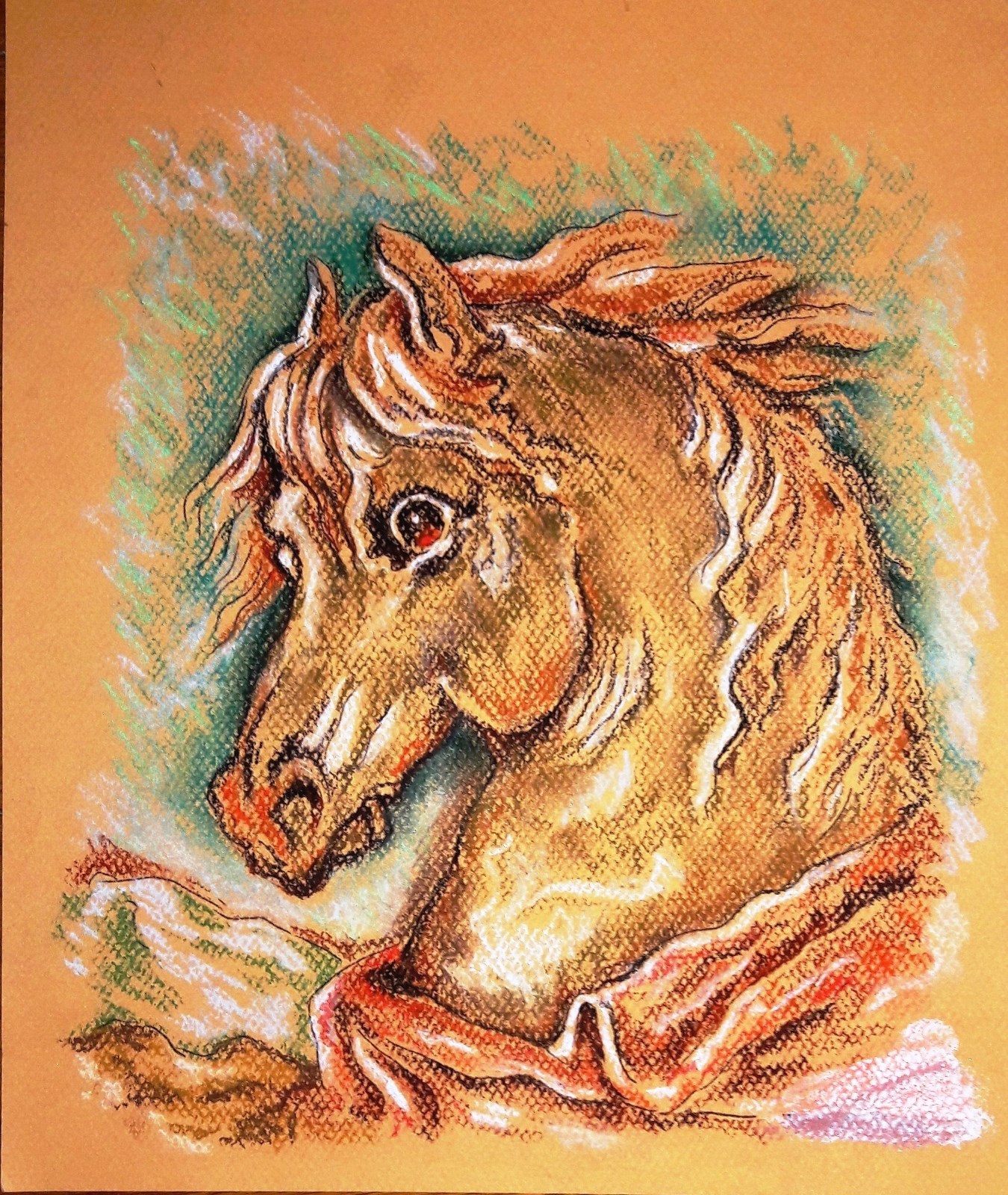 COLOR CRAYON 12″ x 10″ -STALLION- PASTEL INK PAINTING ON THICK PAPER