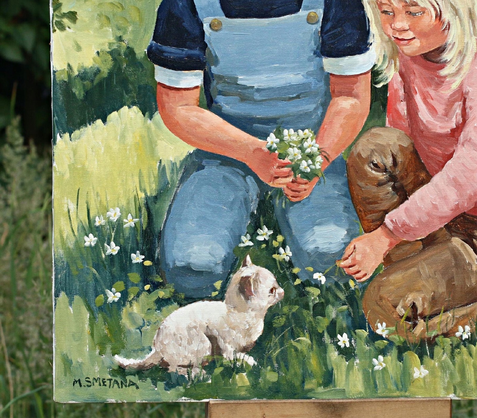 Monica Smetana (1932) – Children With Kittens in Garden Oil Painting Signed