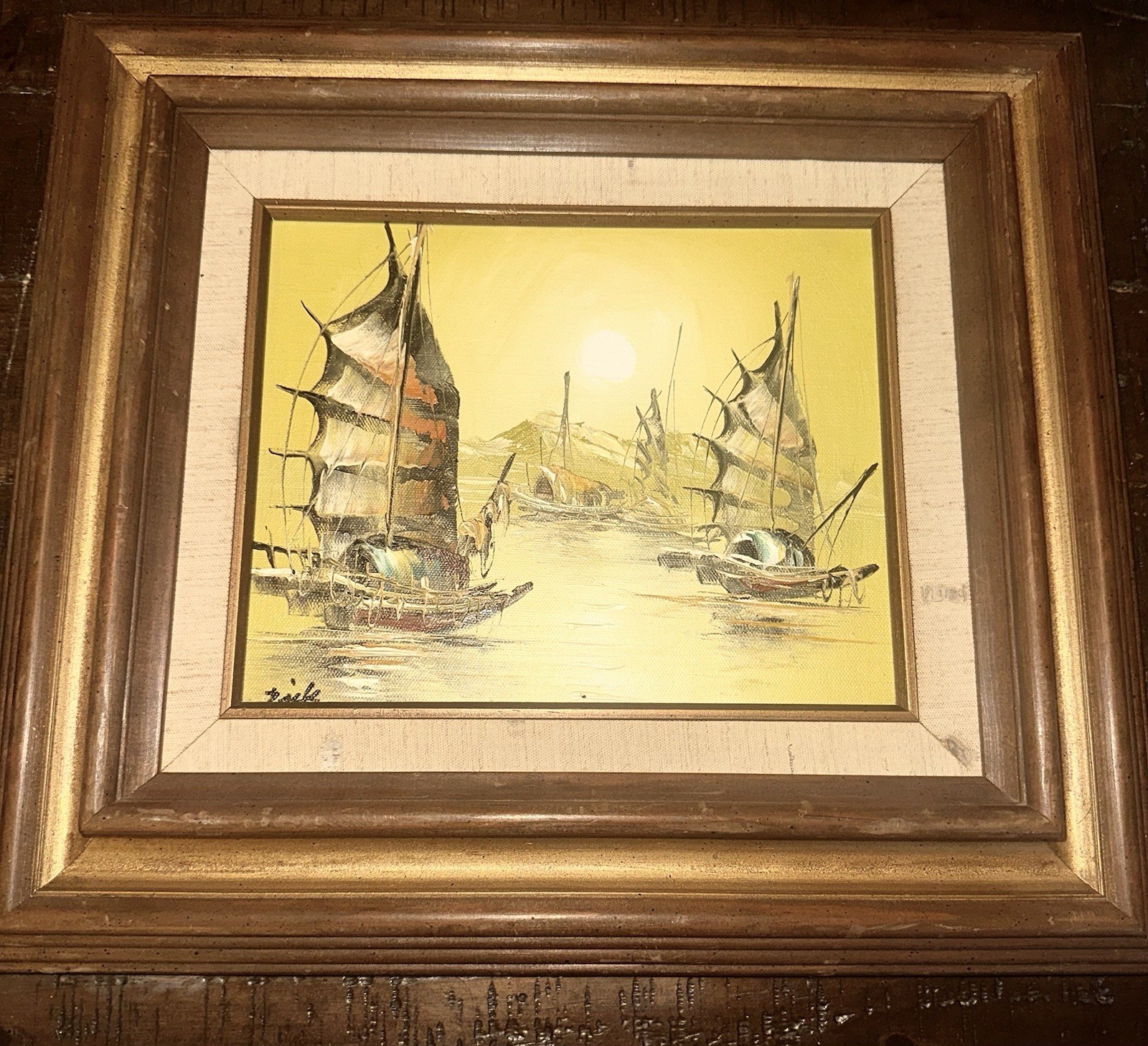 MCM 1950s Asian Junk Boat Oil Painting Sunset Scene Signed Framed Art 16×18