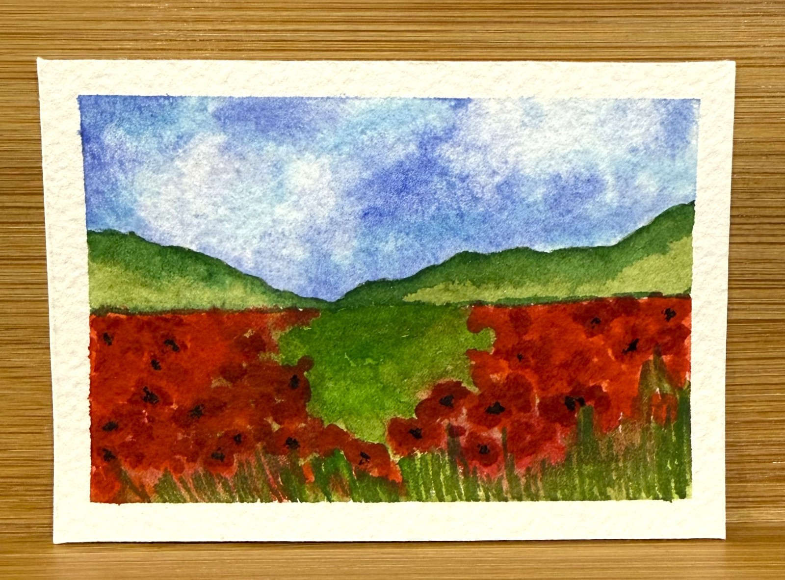 Original ACEO Watercolor Poppy Field Landscape Painting OOAK Floral Meadow Mini