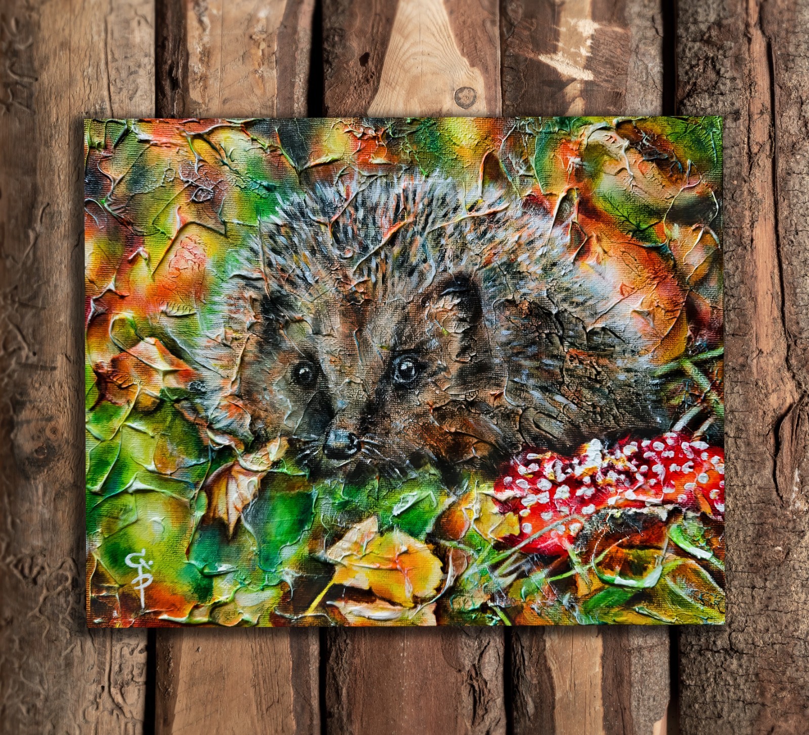 Original Hedgehog Painting Oil Acrylic Autumn Nature Fly agaric Cute Animal Art