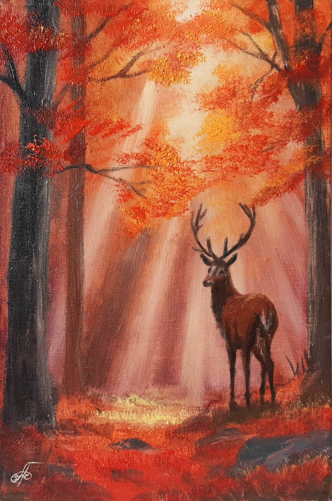 Original Oil Wildlife Painting Autumn Deer Forest Sun Rays Canvas Art Nature