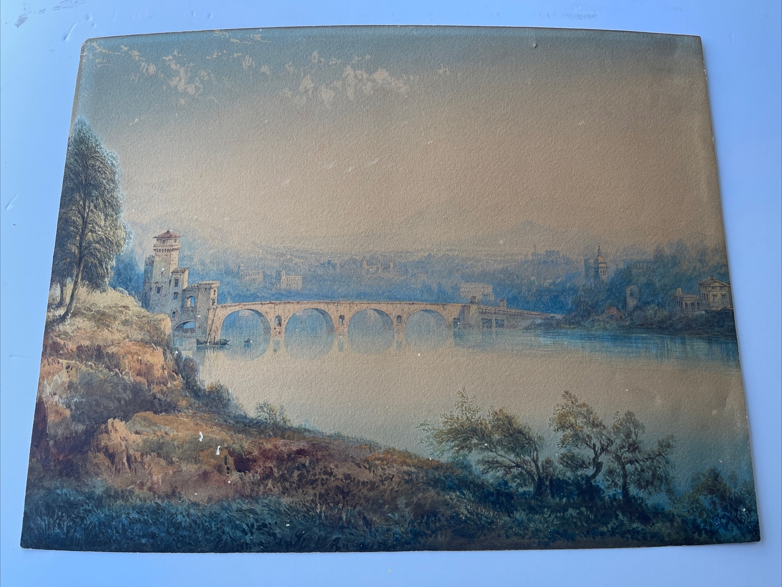 19TH CENTURY PAINTING ROME PONTE MILVIO VIEW BRIDGE LANDSCAPE ANTIQUE 1850’S OLD