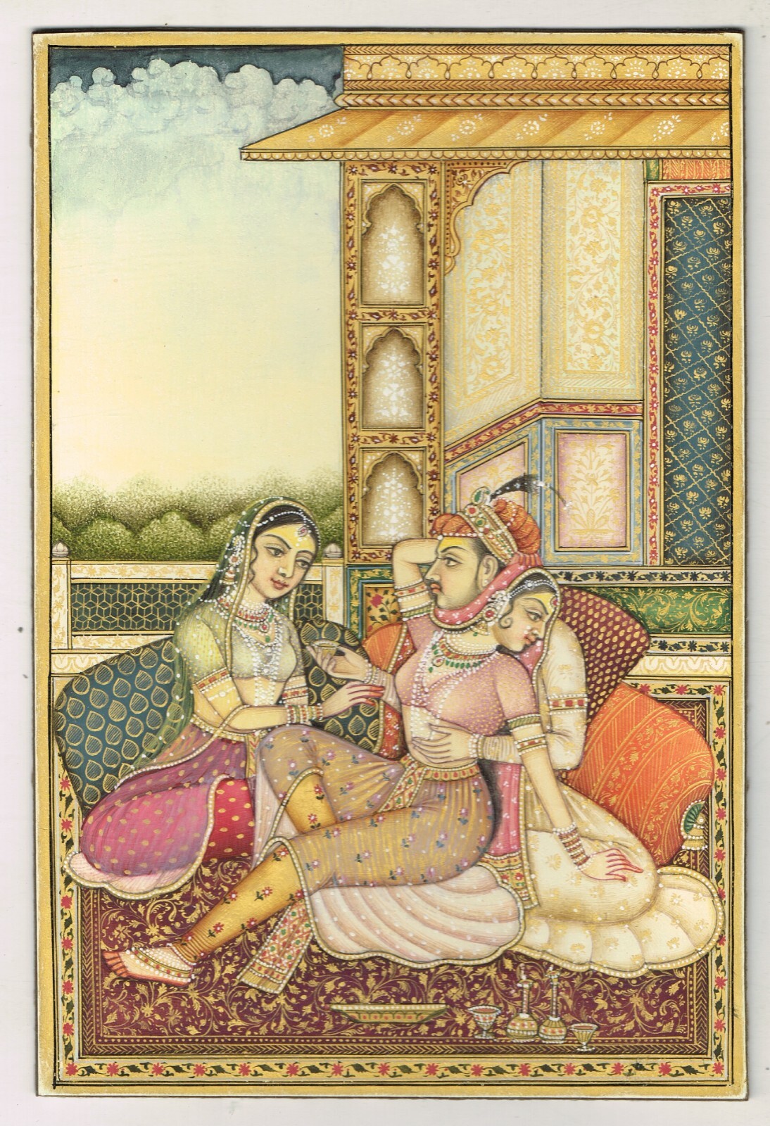 Indian Miniature Painting A Mughal King & Queen In Love Scene On Plate 4×6 Inch