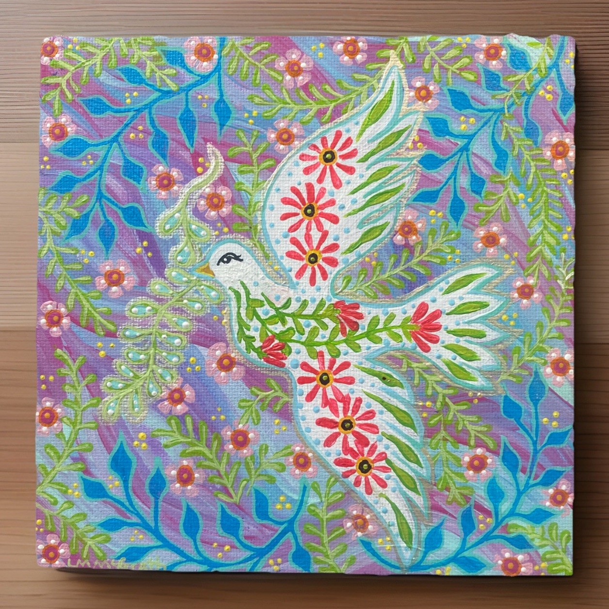 Original Acrylic Folk Art Peace Dove Painting 6”x6” Colorful Floral LM McGrath