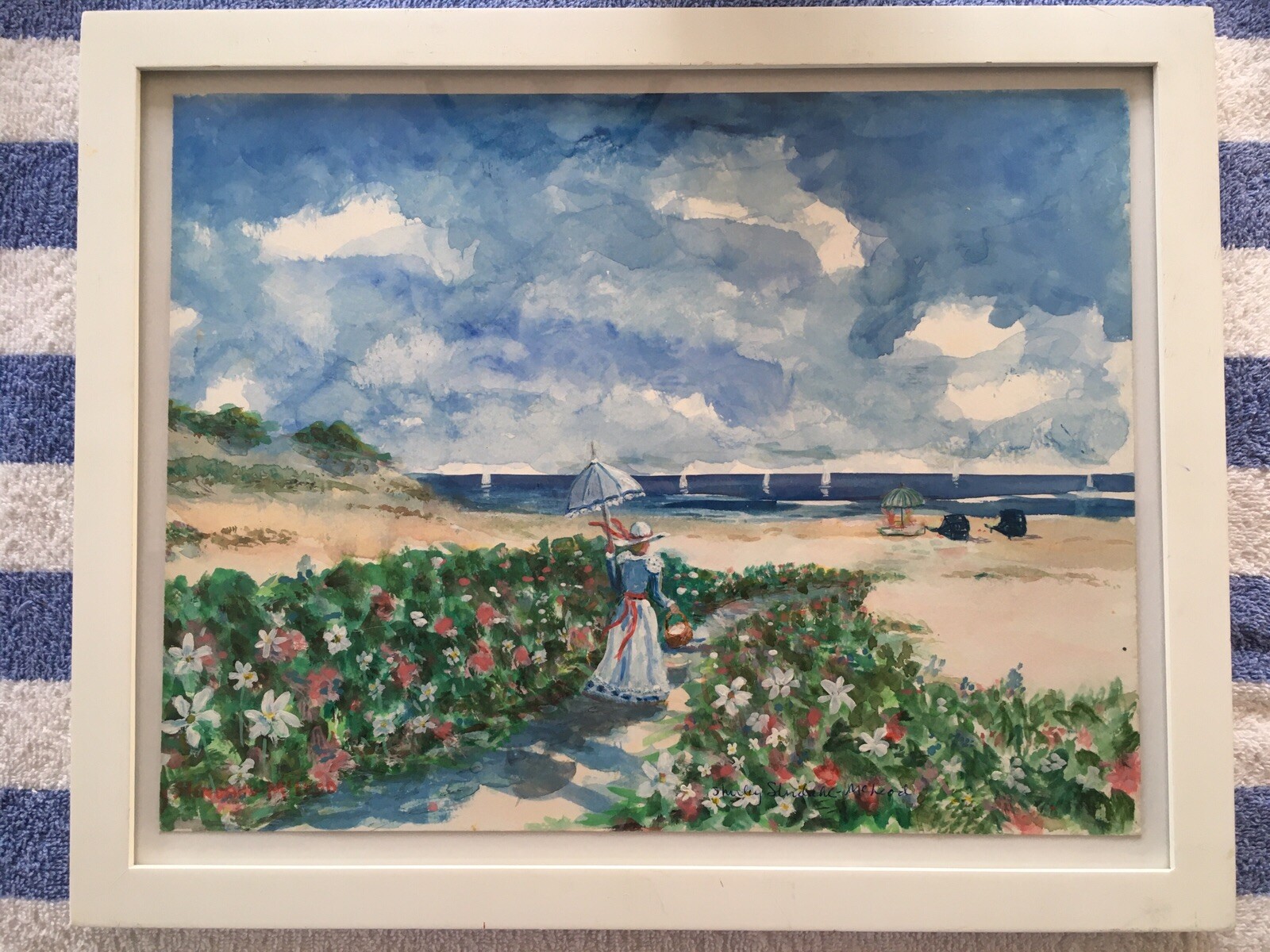 Original Watercolor Painting of Picnic on the Beach, at Westport CT. Signed