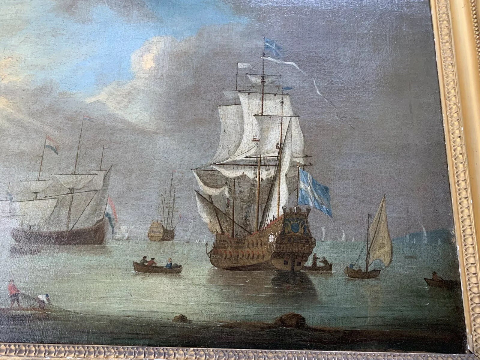 18th Century fleet at harbor marine painting Peter MONAMY frame