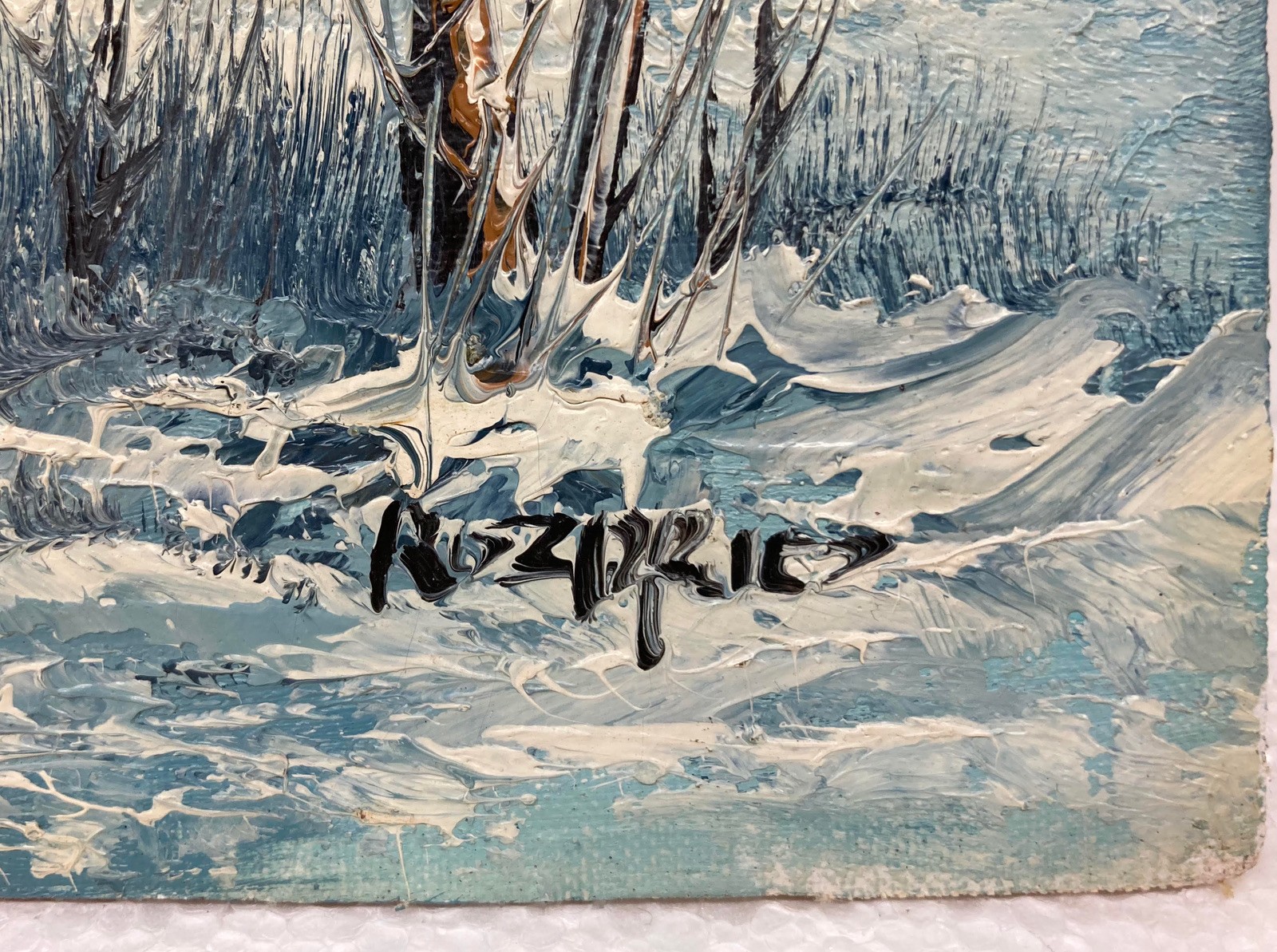 Vintage Winter Snow Scene Barn & Pond 10×8″ Painting on Wood Board by Rozario