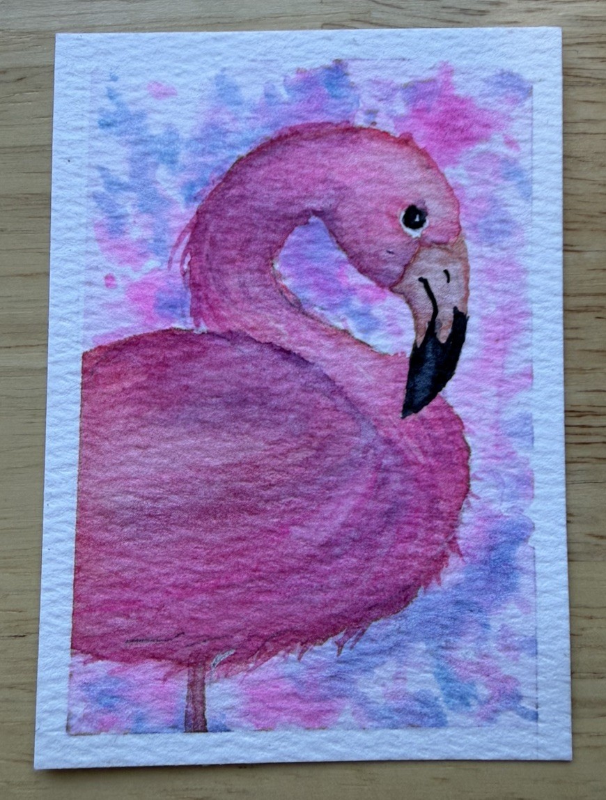 ACEO Original Art Card Watercolor Painting Pink Flamingo 2.5 x 3.5