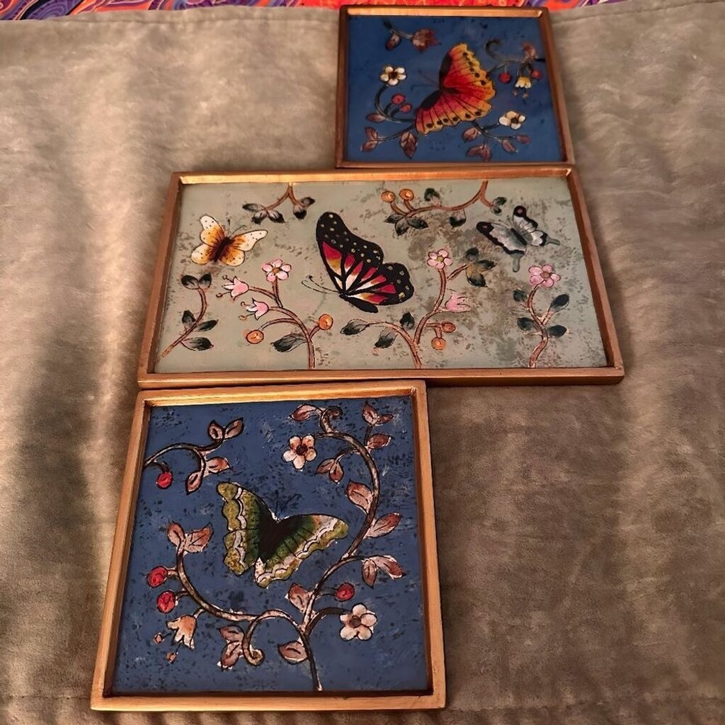 Set of 3 Reverse Painted Glass ‘Butterfly Peace’ Wall Art by Manuel Enciso