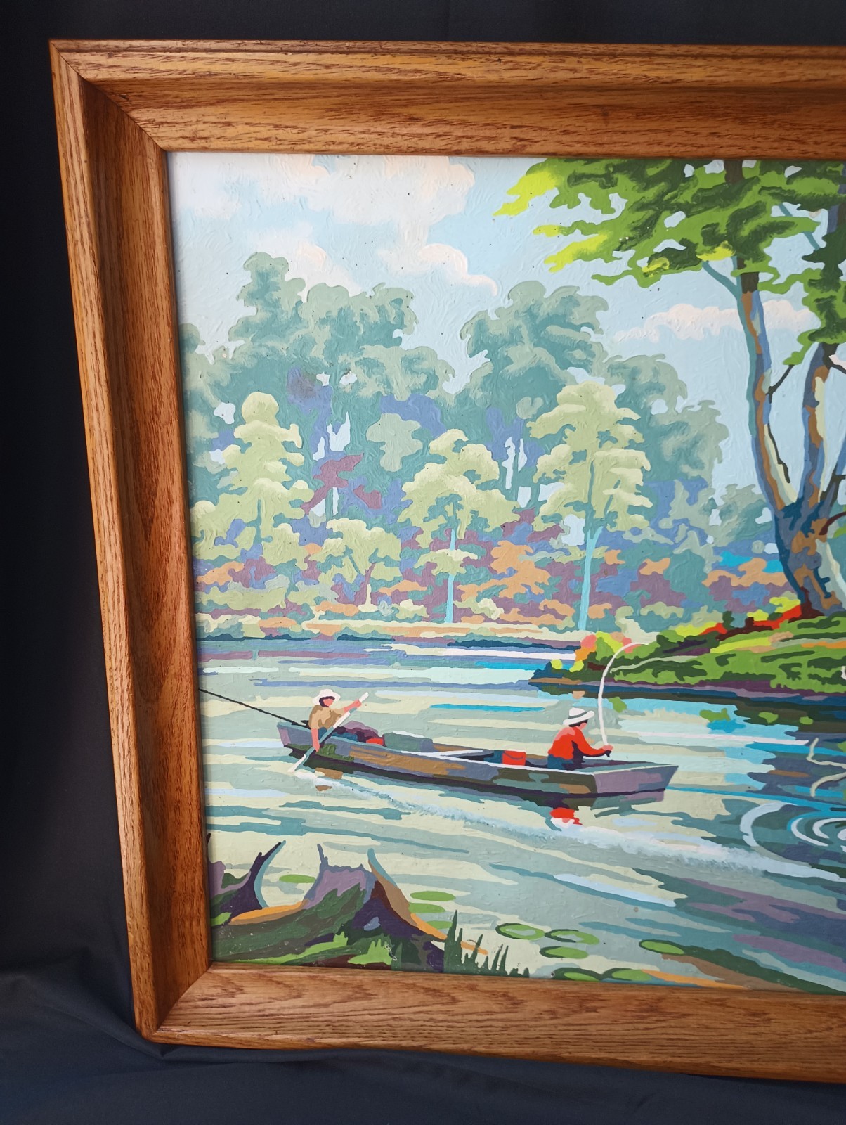 RARE VTG Framed Paint by Numbers «The Old Fishing Hole» Landscape Oil Painting