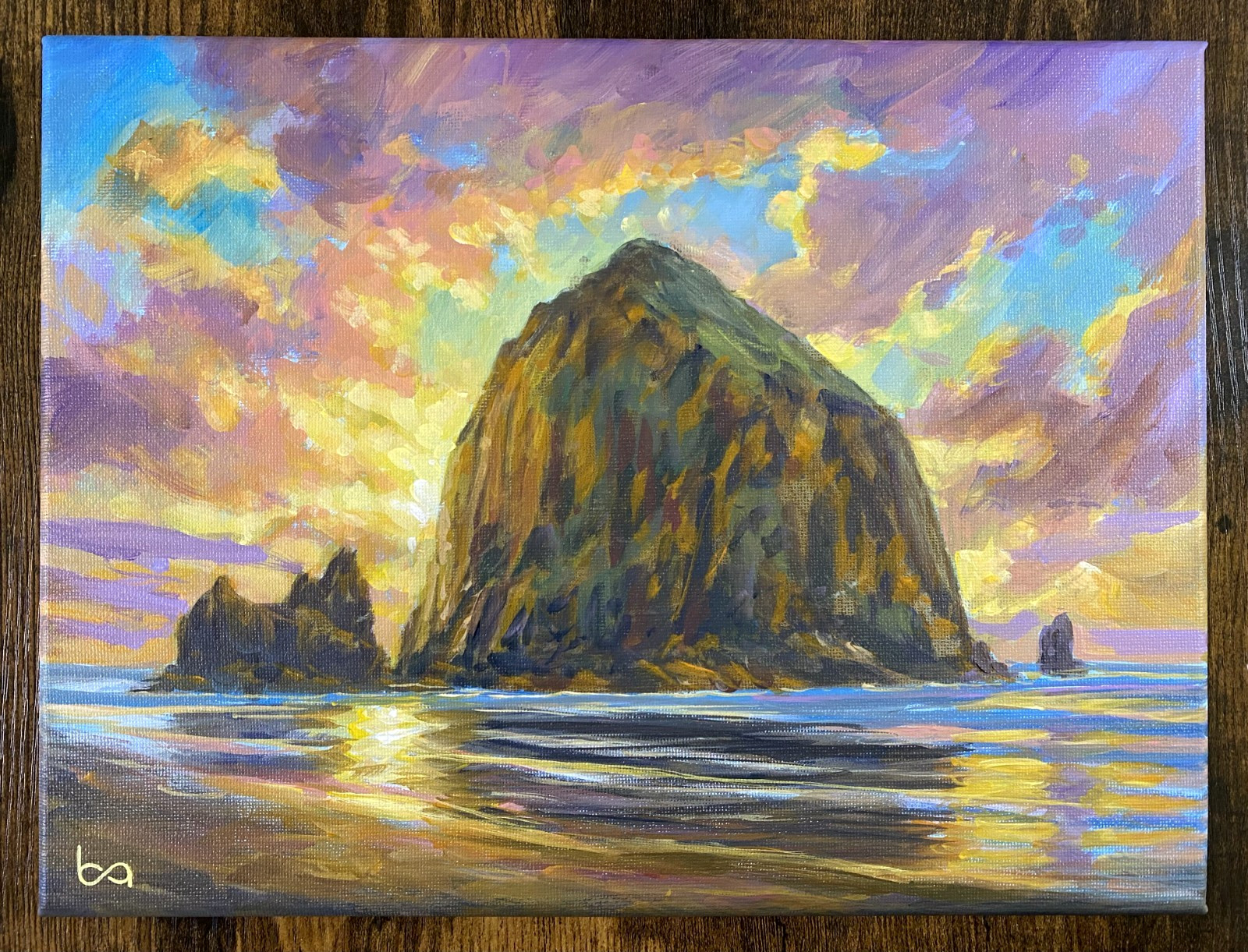 Original Haystack Rock Painting 9×12″ Oregon Coast Cannon Beach Seascape Acrylic