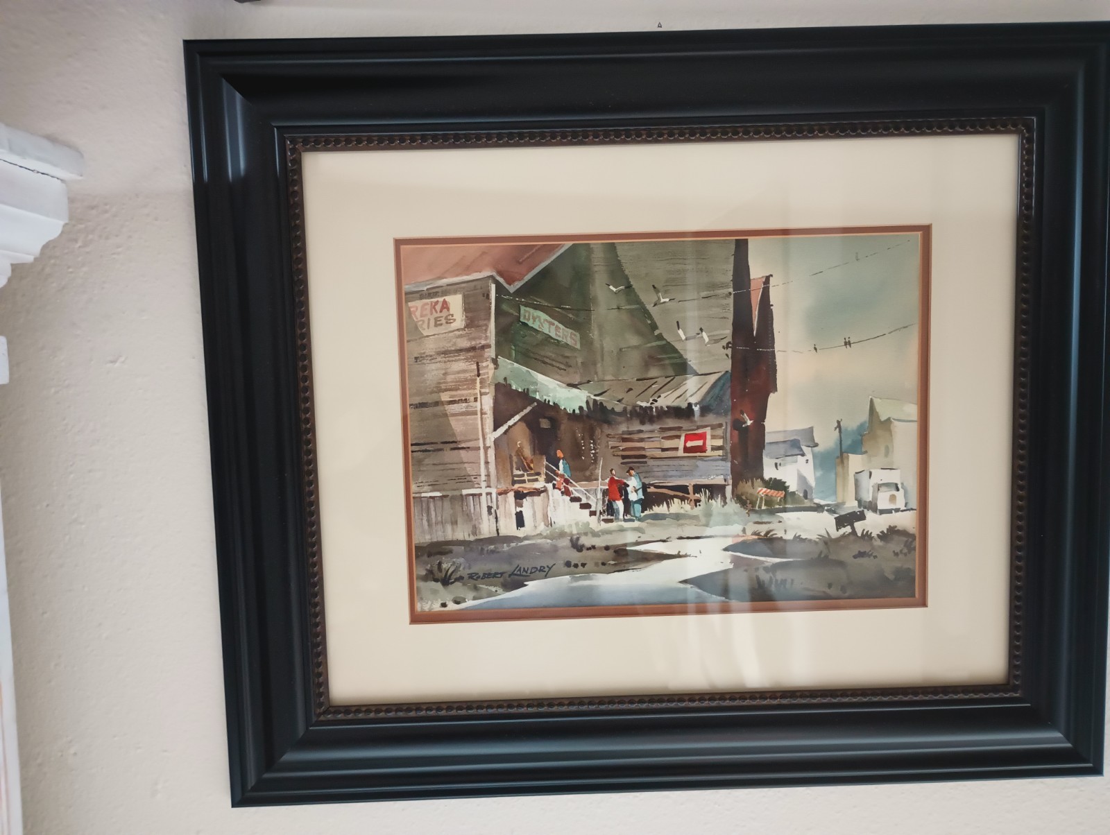 Watercolor harbor scene by San Diego based artist Robert Landry (1921 – 1991)