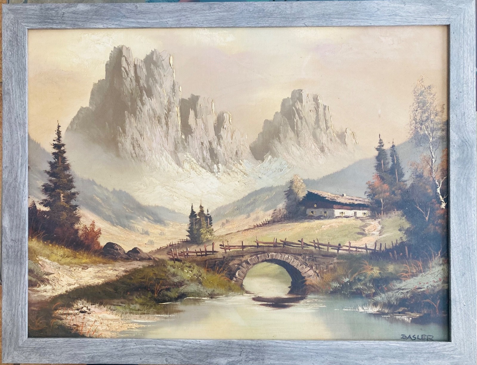 RARE VINTAGE OIL ON BOARD DEPICTING A SWISS CHALET W/SWISS ALPS “ Basler “