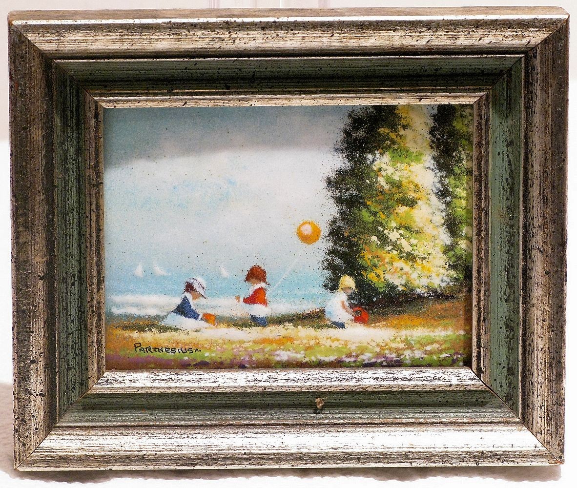 Mini Hand-painted Charles Parthesius Enamel on Copper Painting Signed Children