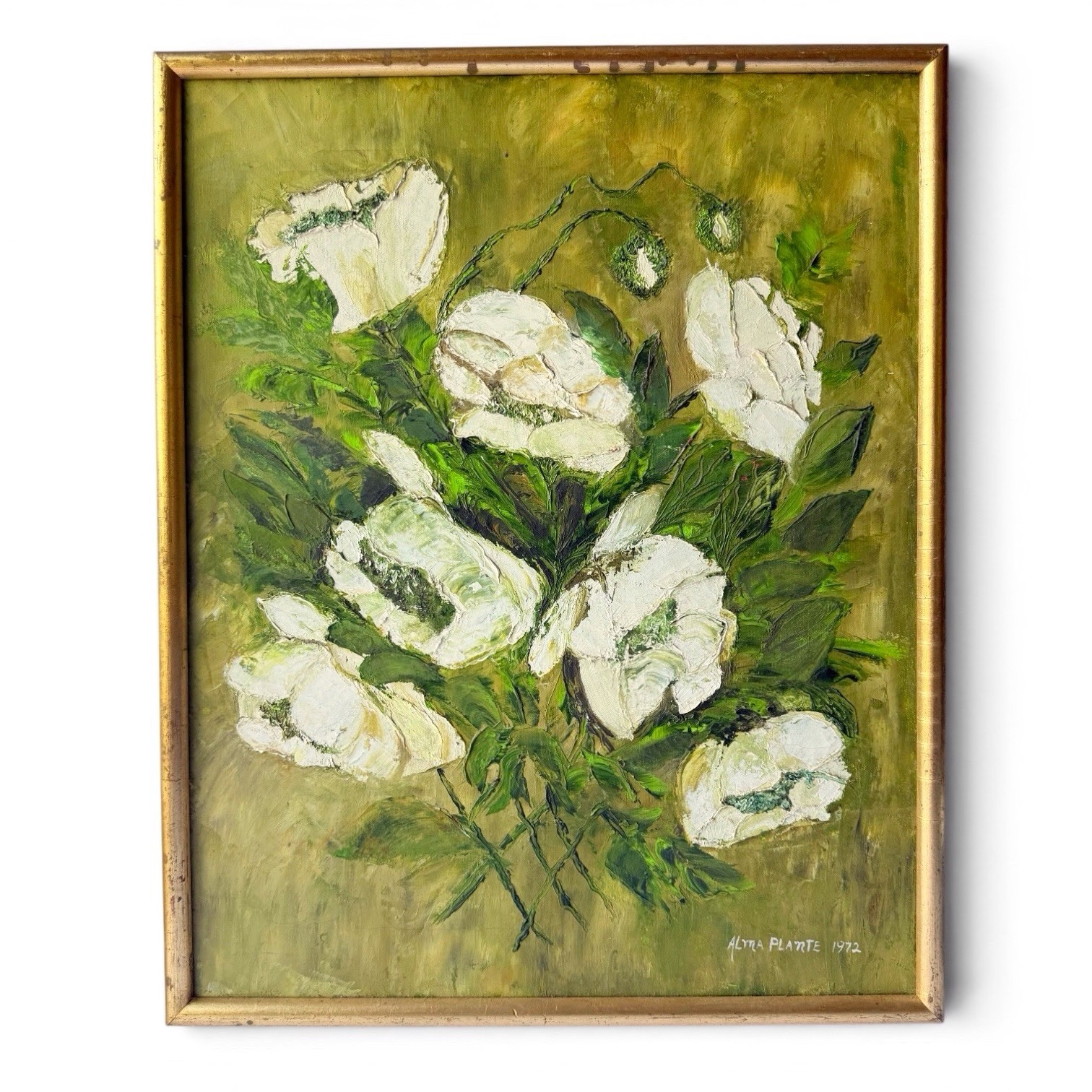 Vintage Original White Florals Green Background Oil Painting Linen Canvas Framed