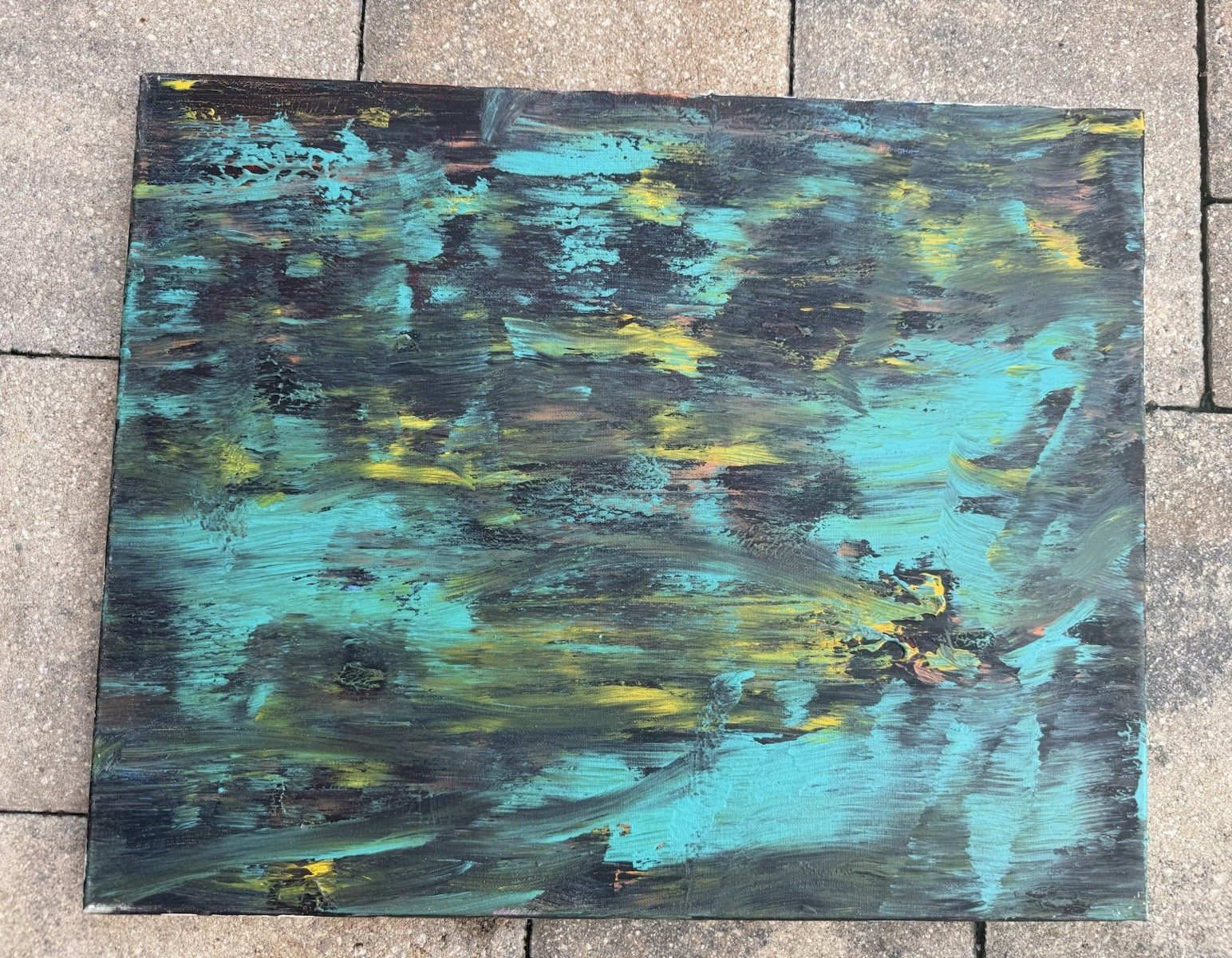 Abstract Blue Green Black Yellow Painting on Canvas, Unframed Single Piece