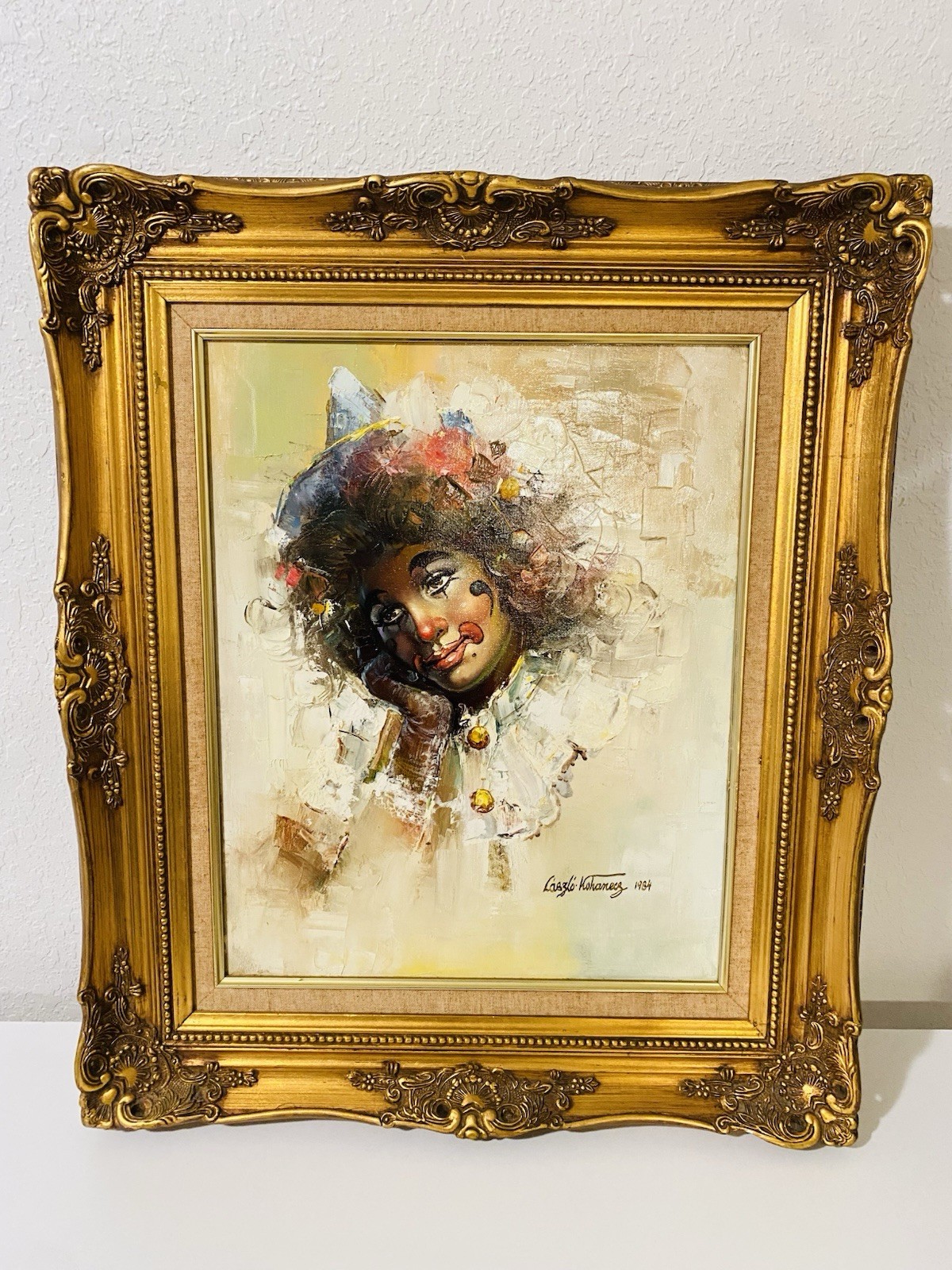 Rare HTF Large Textured Clown Painting Signed Laszlo Kohanecz 1984 Framed