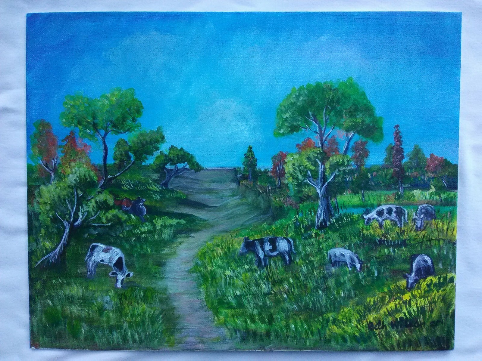 Original Hand Painting 11″x14″ Canvas Cows on the Field Farm Wall Art