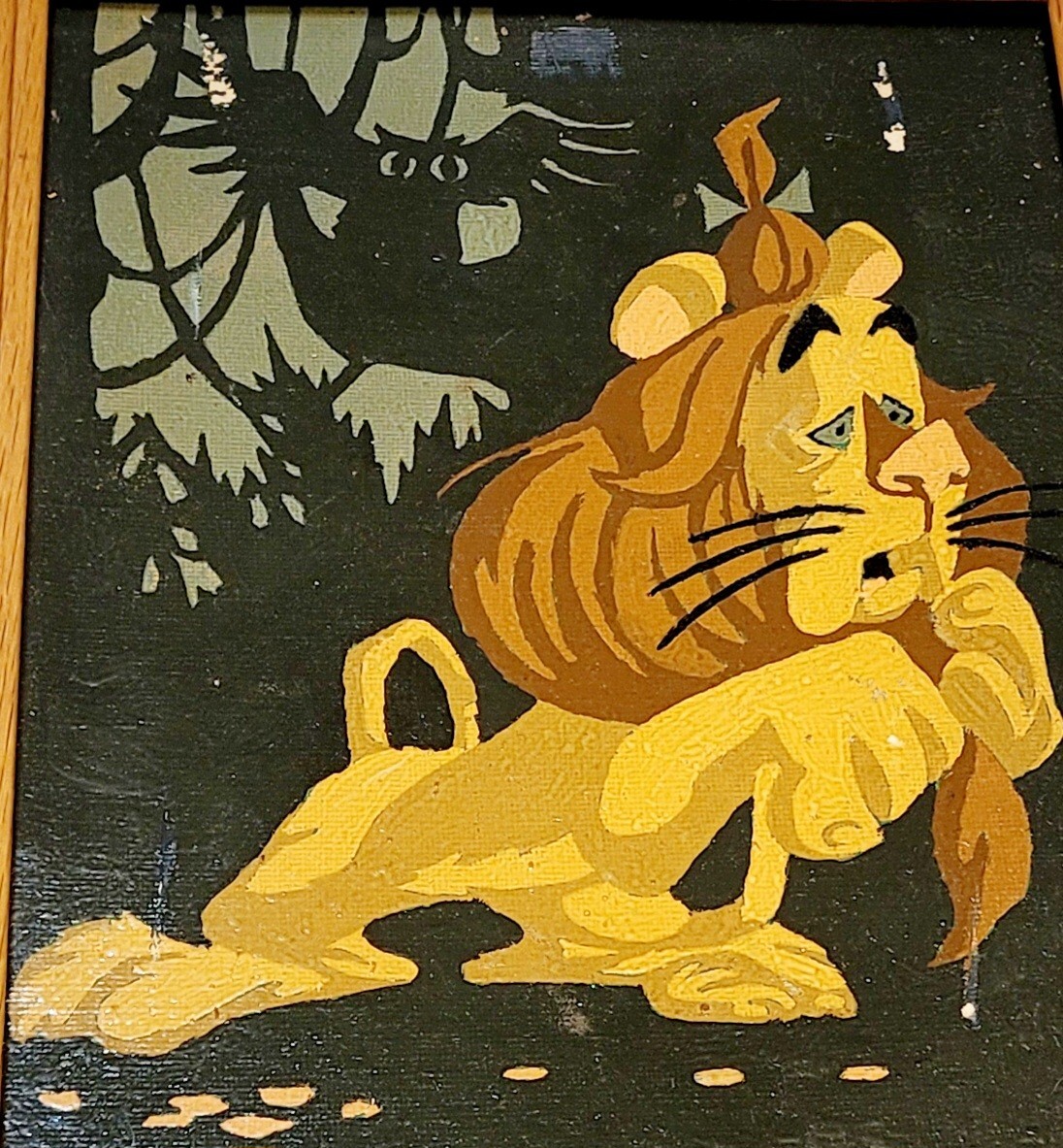 Vintage Framed 8×10 Paint By Numbers Cowardly Lion Picture Dark Forest Owl Tree