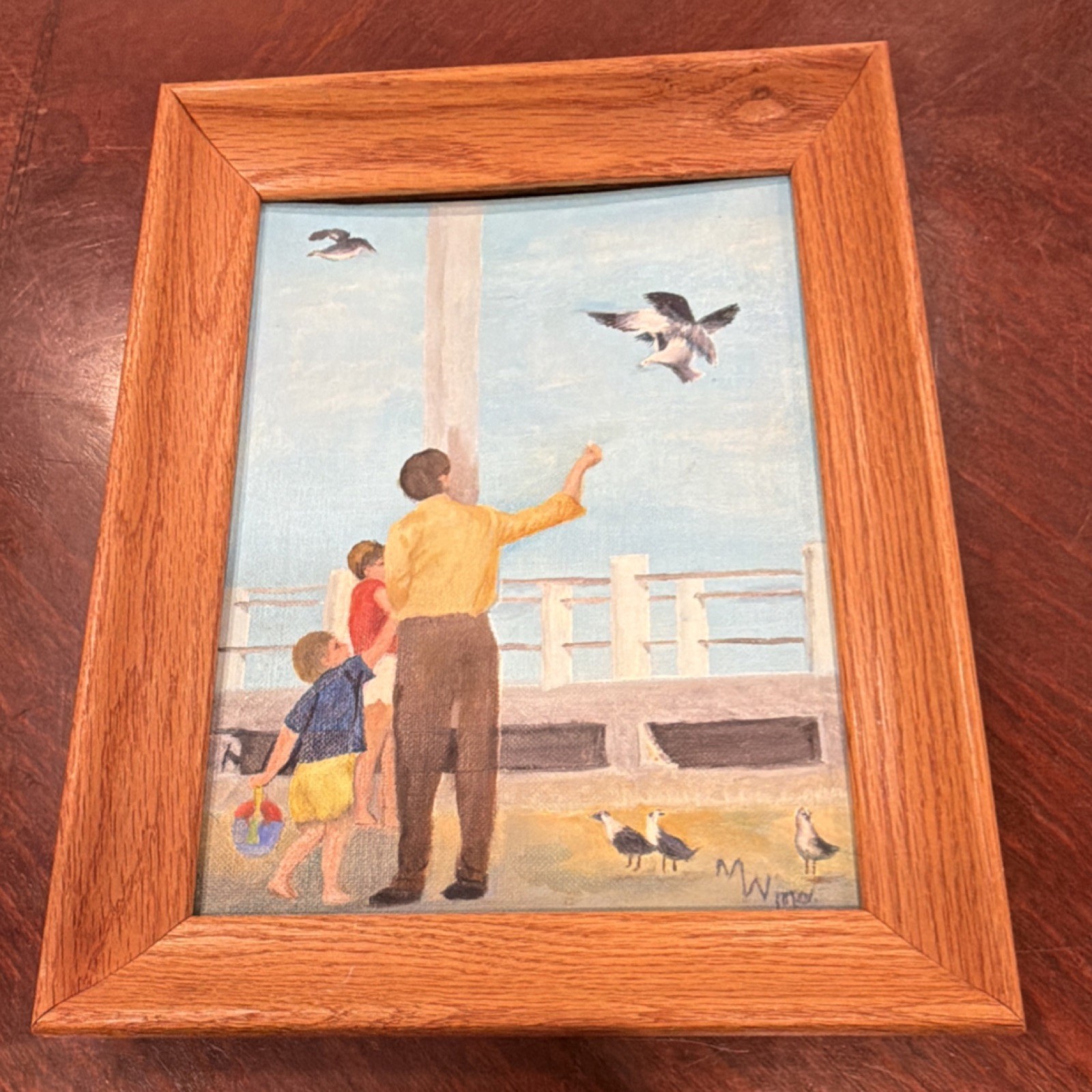 M Wilson Original Framed Canvas Painting Family Birds Pier Scene 9×12