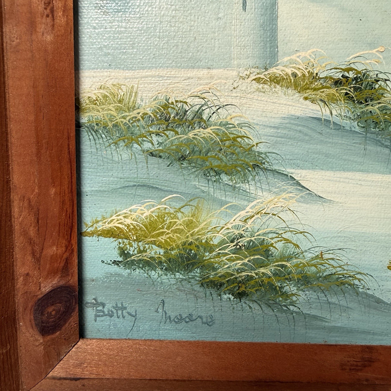 Betty Moore Signed Oil Painting Original Lighthouse Seascape Seagulls 14×12