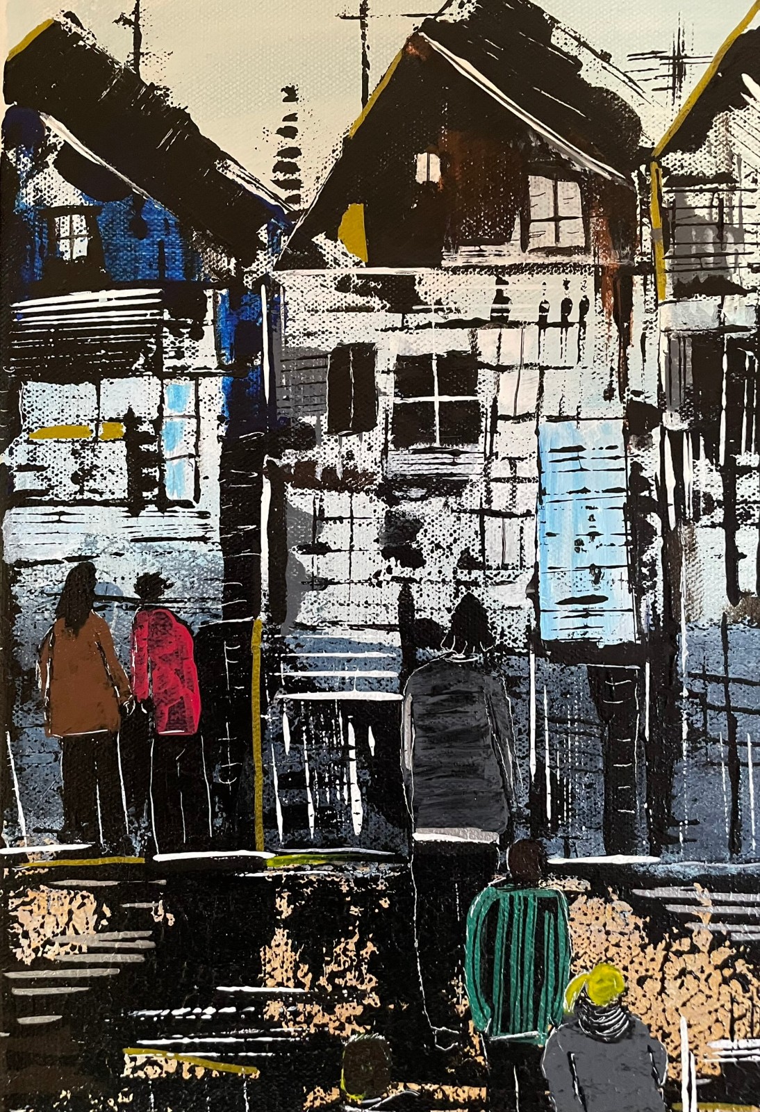 Original people figures Buildings 12×16″ painting CANVAS by Lynne Kohler