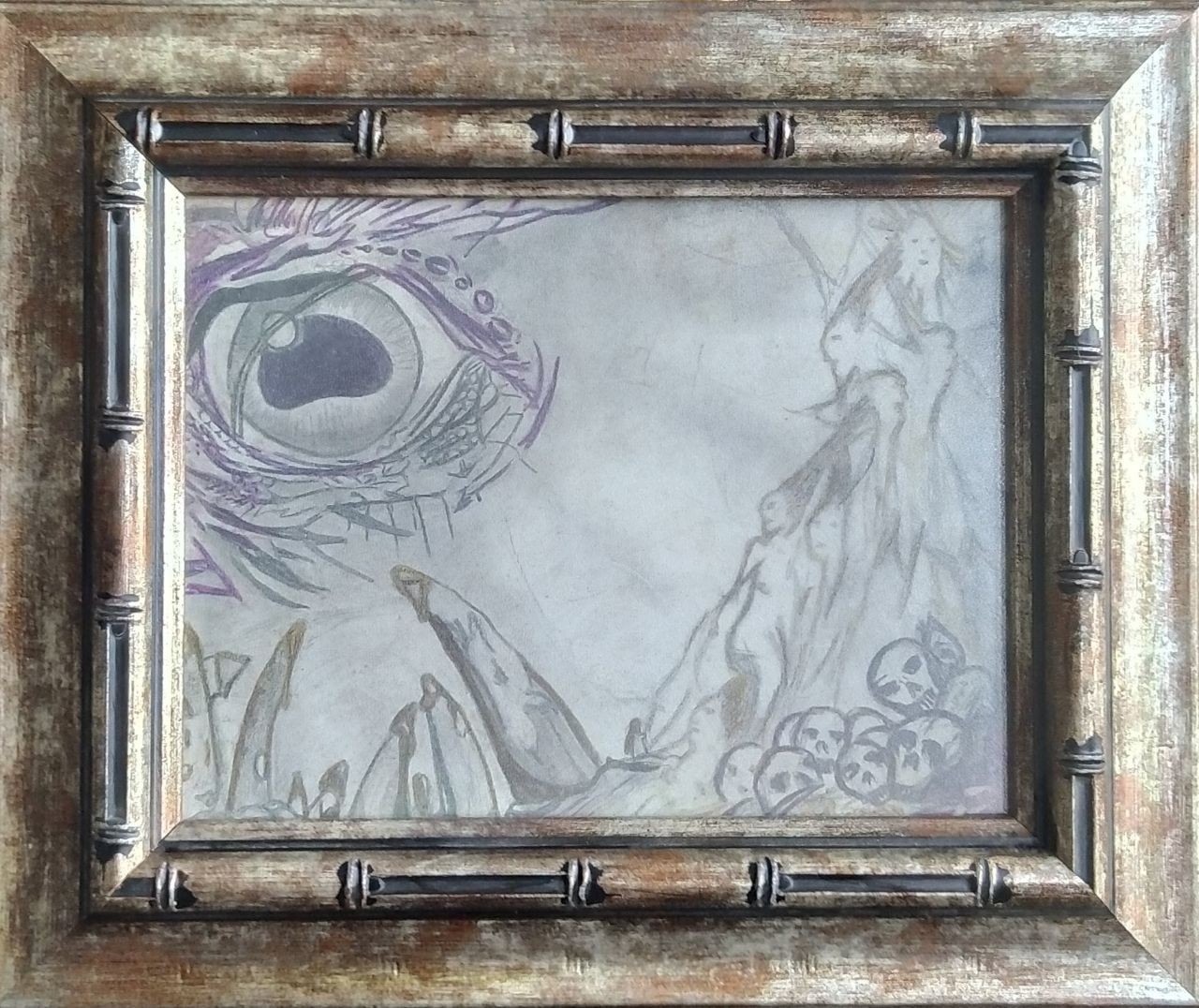 art 694 original painting pensil cardboard 6×8 in (15×20 cm) framed eye sur