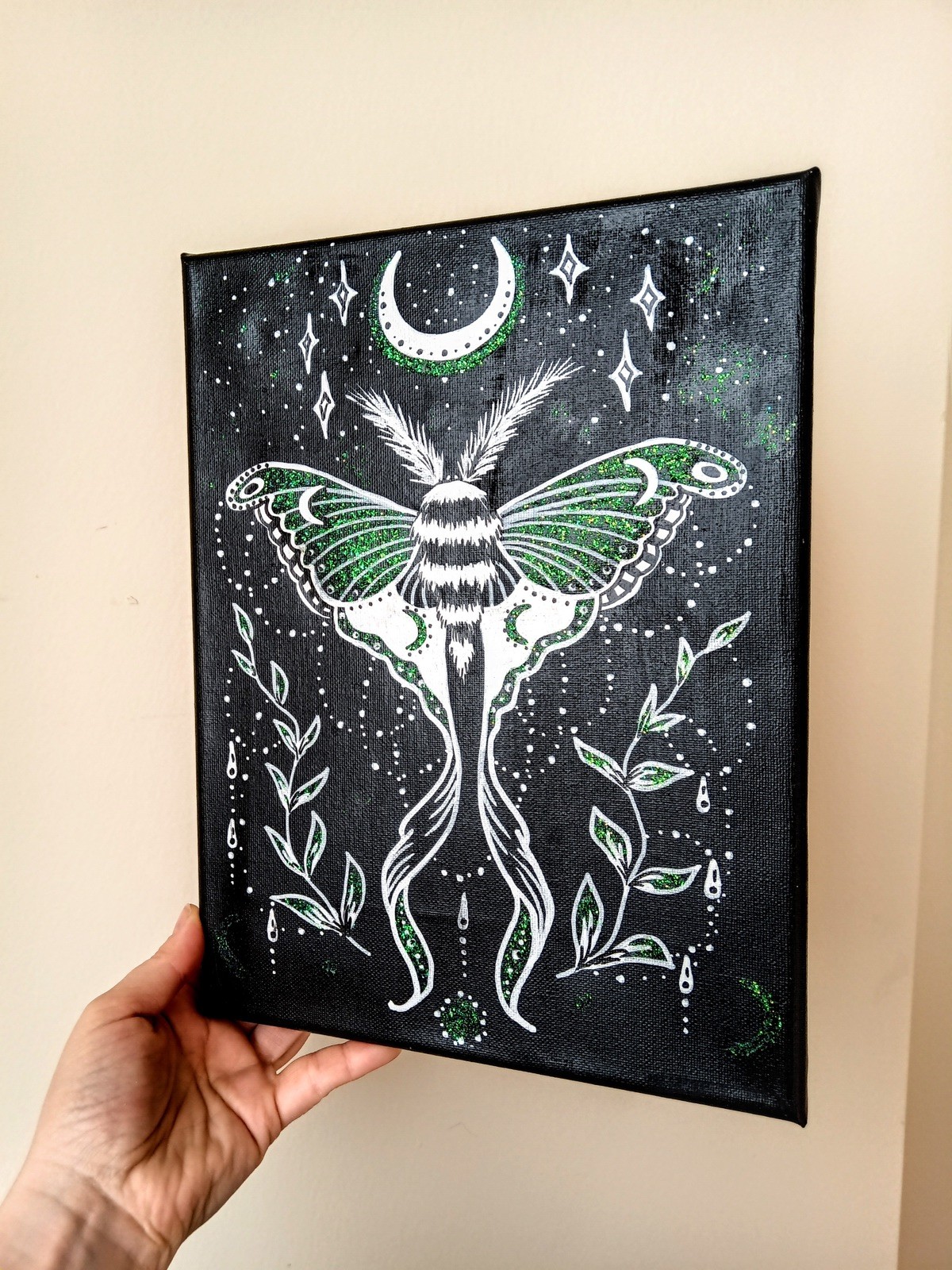 Luna Moth Painting, Witchy Gothic Wall Art, Occult Black Artwork, Original 9×12