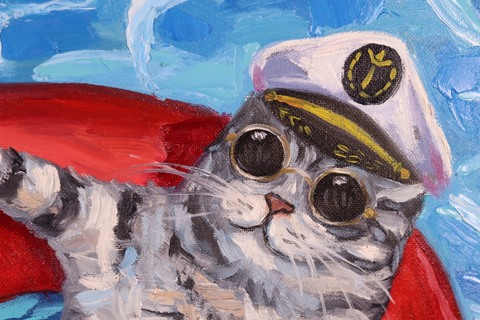 Nautical Original oil Tabby Cat Captain in Pool Float – Funny Pet Wall Art 20×20