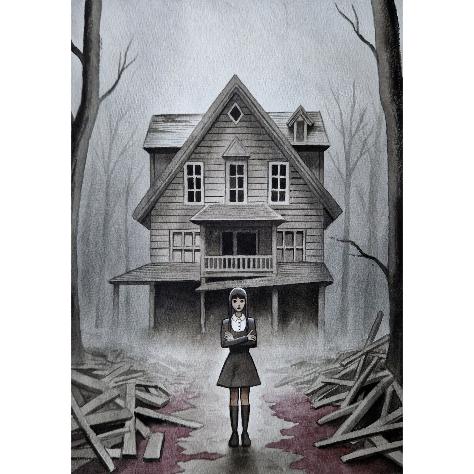Horror House Painting Original Art Horror Art Landscape Art Watercolor Painting