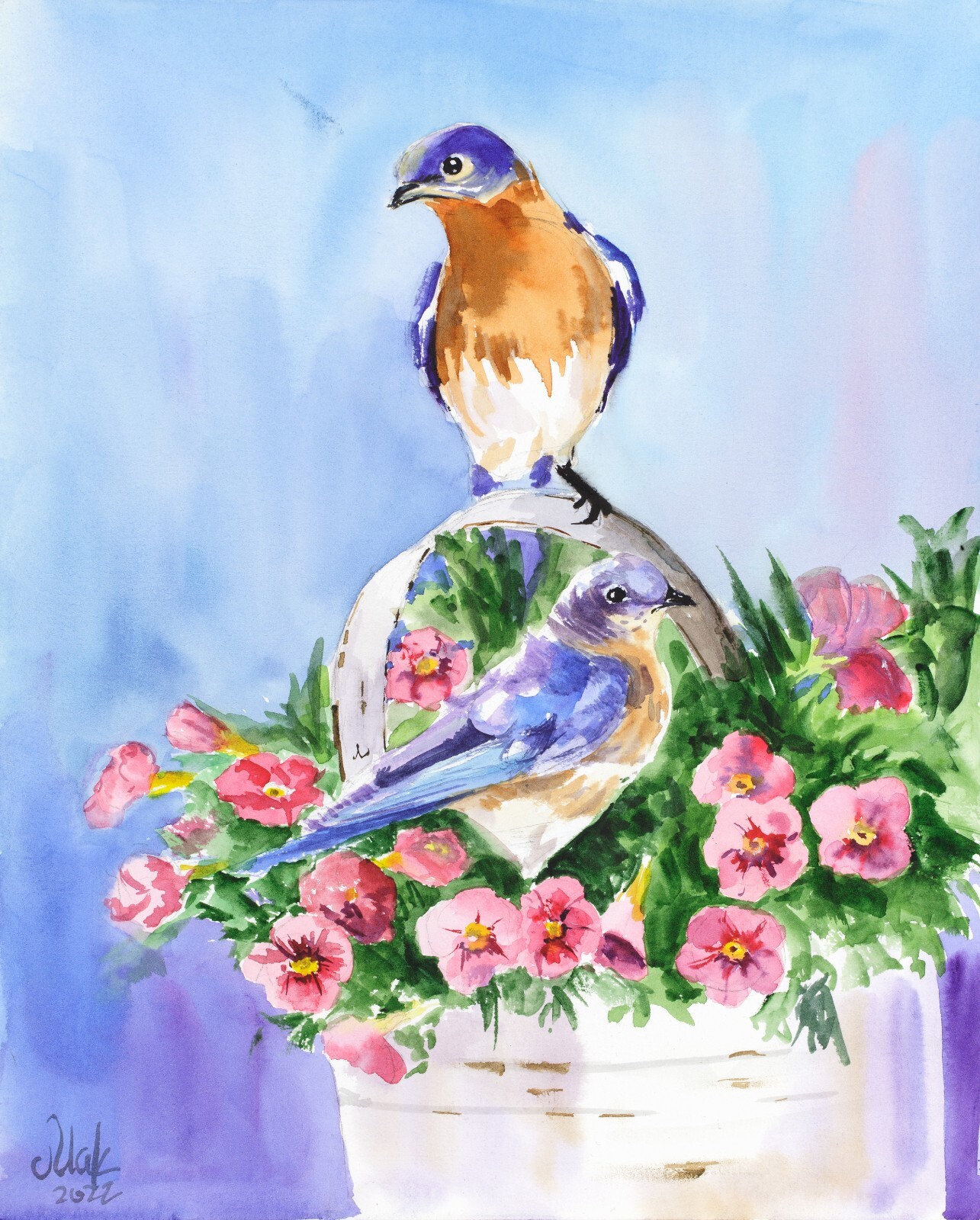 Bluebird Painting Bird On Branch Original Watercolor Flower Wall Art 12×10»